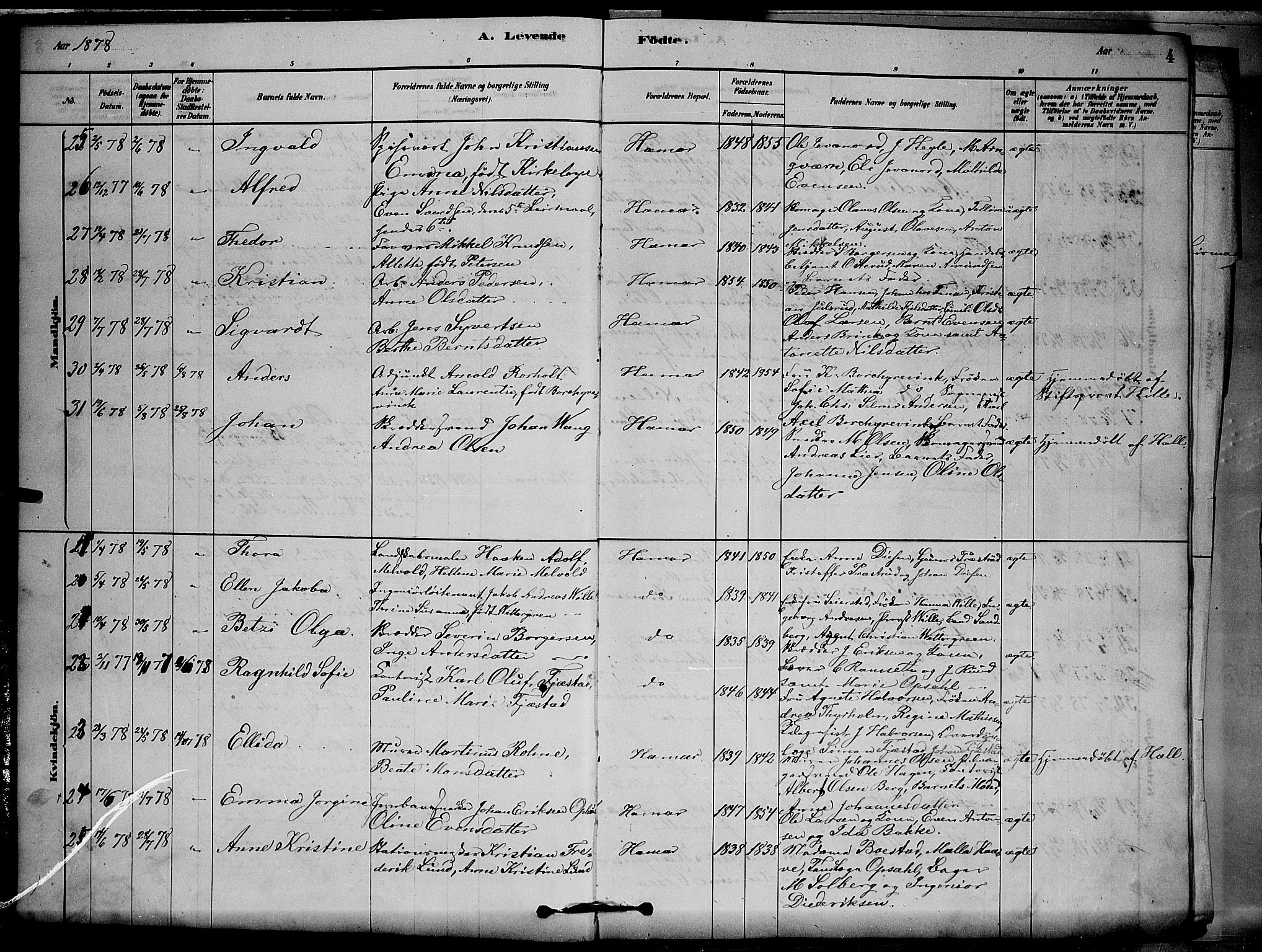 Vang prestekontor, Hedmark, AV/SAH-PREST-008/H/Ha/Hab/L0012: Parish register (copy) no. 12, 1878-1889, p. 4