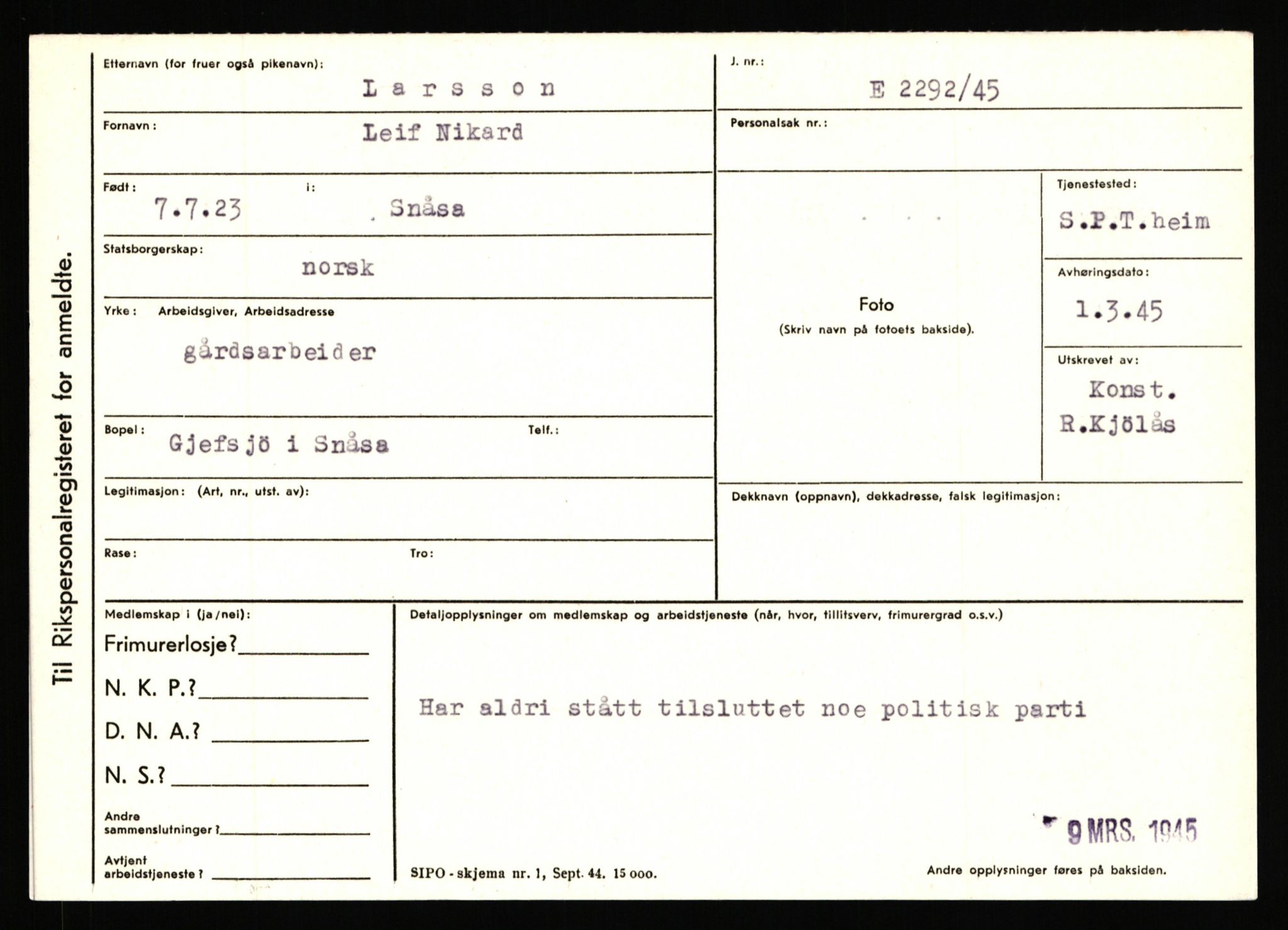 Statspolitiet - Hovedkontoret / Osloavdelingen, AV/RA-S-1329/C/Ca/L0009: Knutsen - Limstrand, 1943-1945, p. 3977