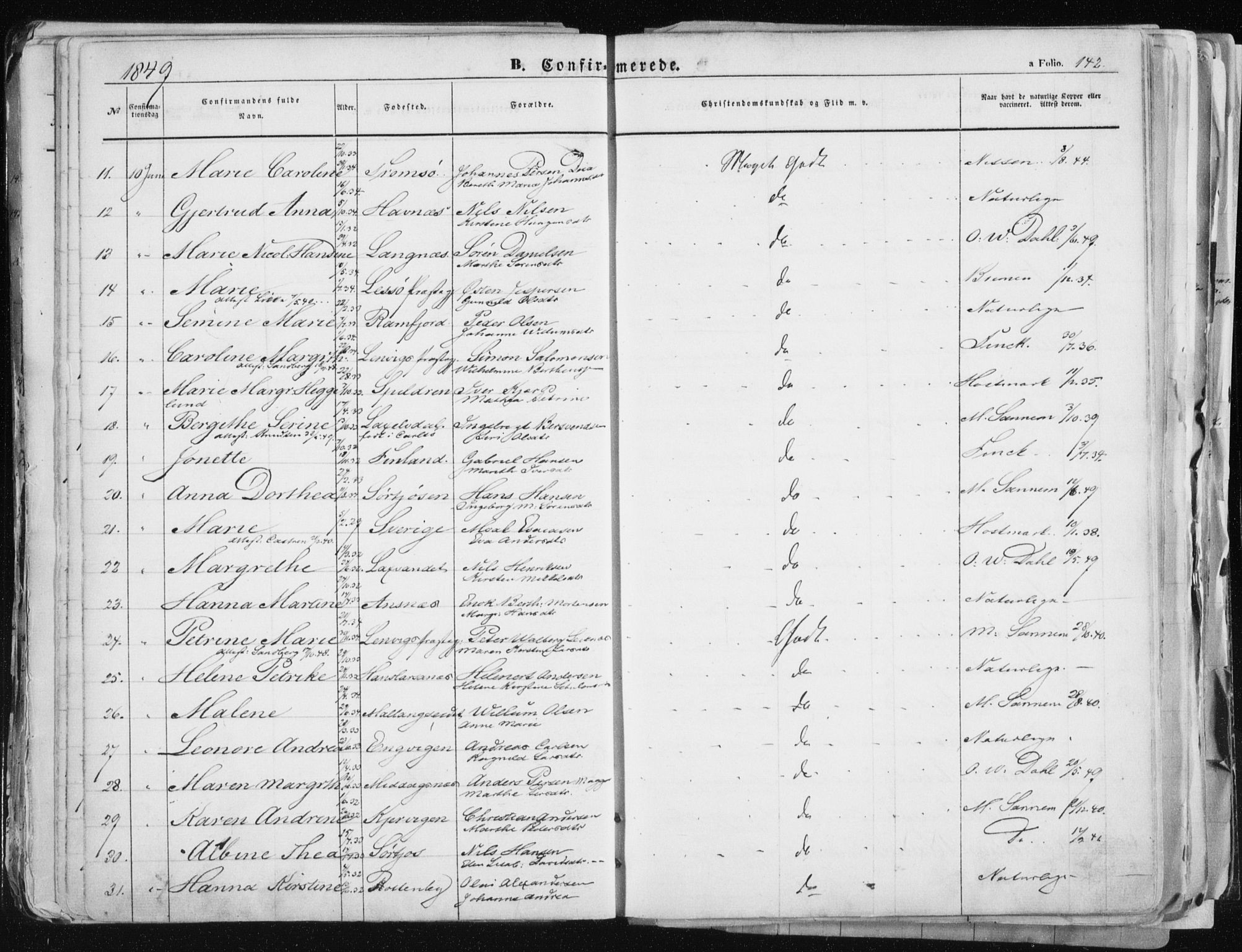 Tromsø sokneprestkontor/stiftsprosti/domprosti, SATØ/S-1343/G/Ga/L0010kirke: Parish register (official) no. 10, 1848-1855, p. 142