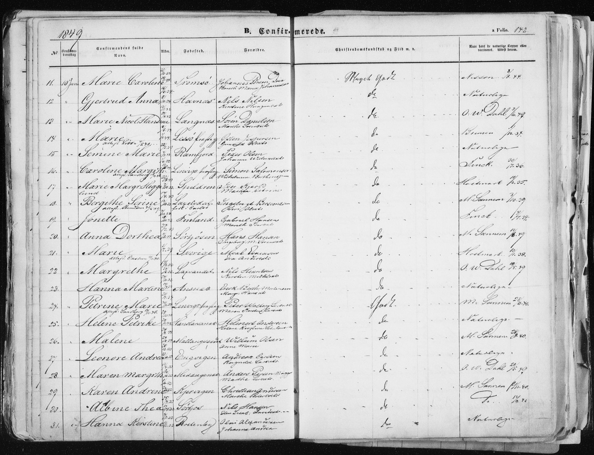 Tromsø sokneprestkontor/stiftsprosti/domprosti, AV/SATØ-S-1343/G/Ga/L0010kirke: Parish register (official) no. 10, 1848-1855, p. 142