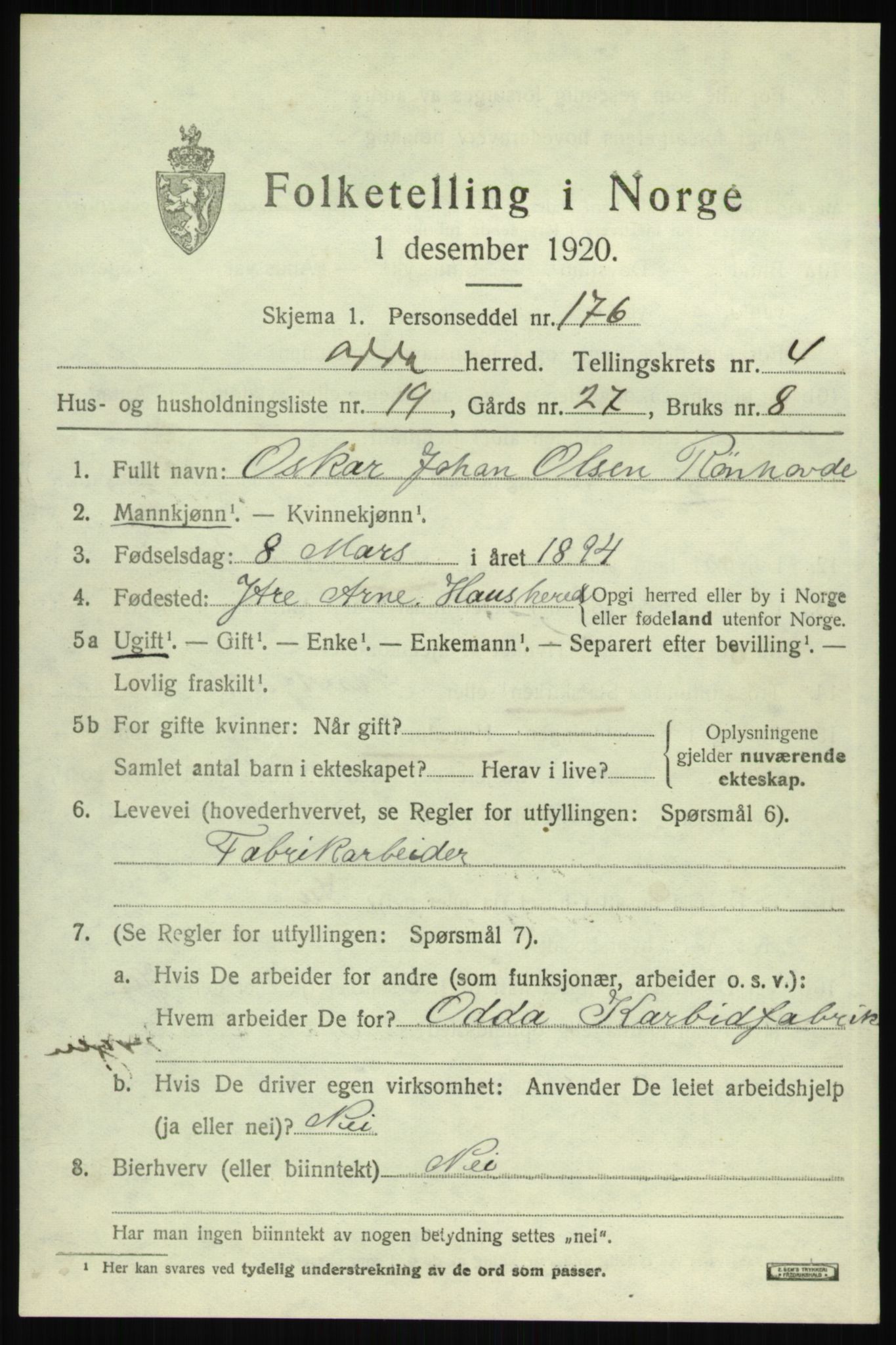 SAB, 1920 census for Odda, 1920, p. 2923