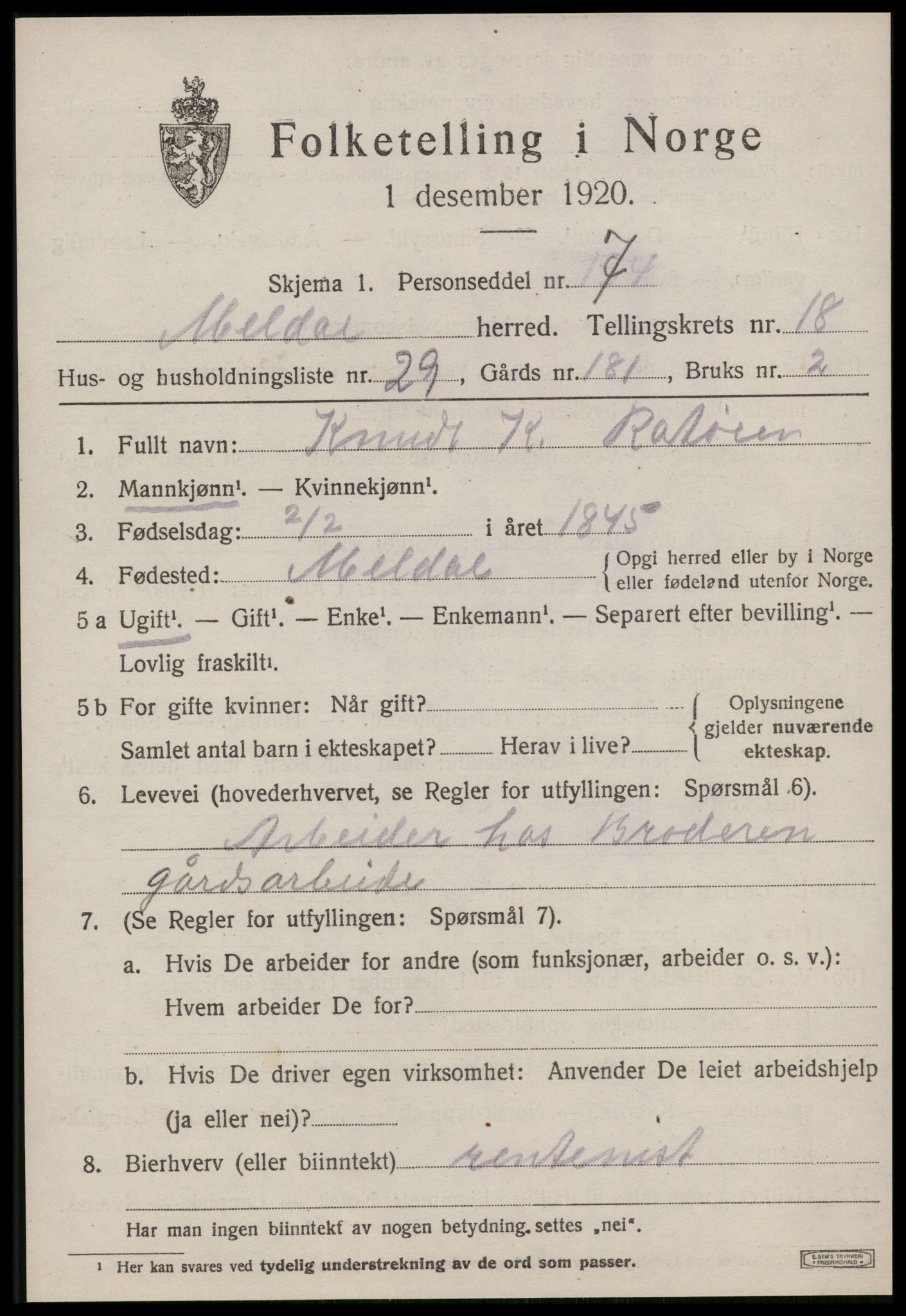 SAT, 1920 census for Meldal, 1920, p. 11725