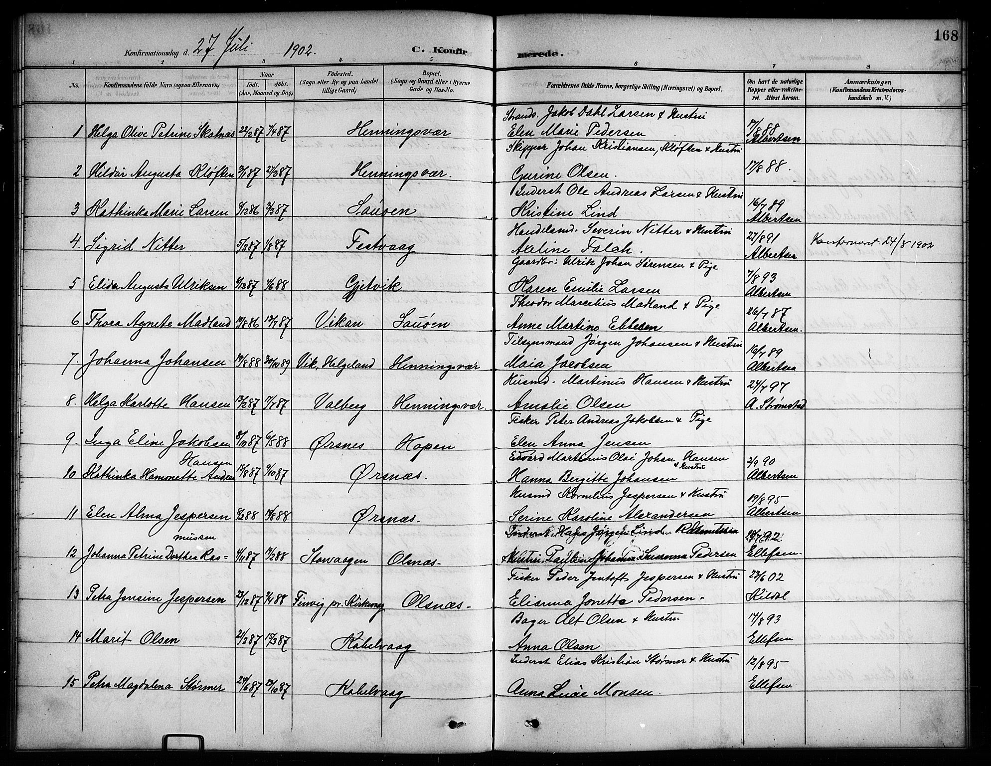 Ministerialprotokoller, klokkerbøker og fødselsregistre - Nordland, AV/SAT-A-1459/874/L1078: Parish register (copy) no. 874C07, 1900-1907, p. 168