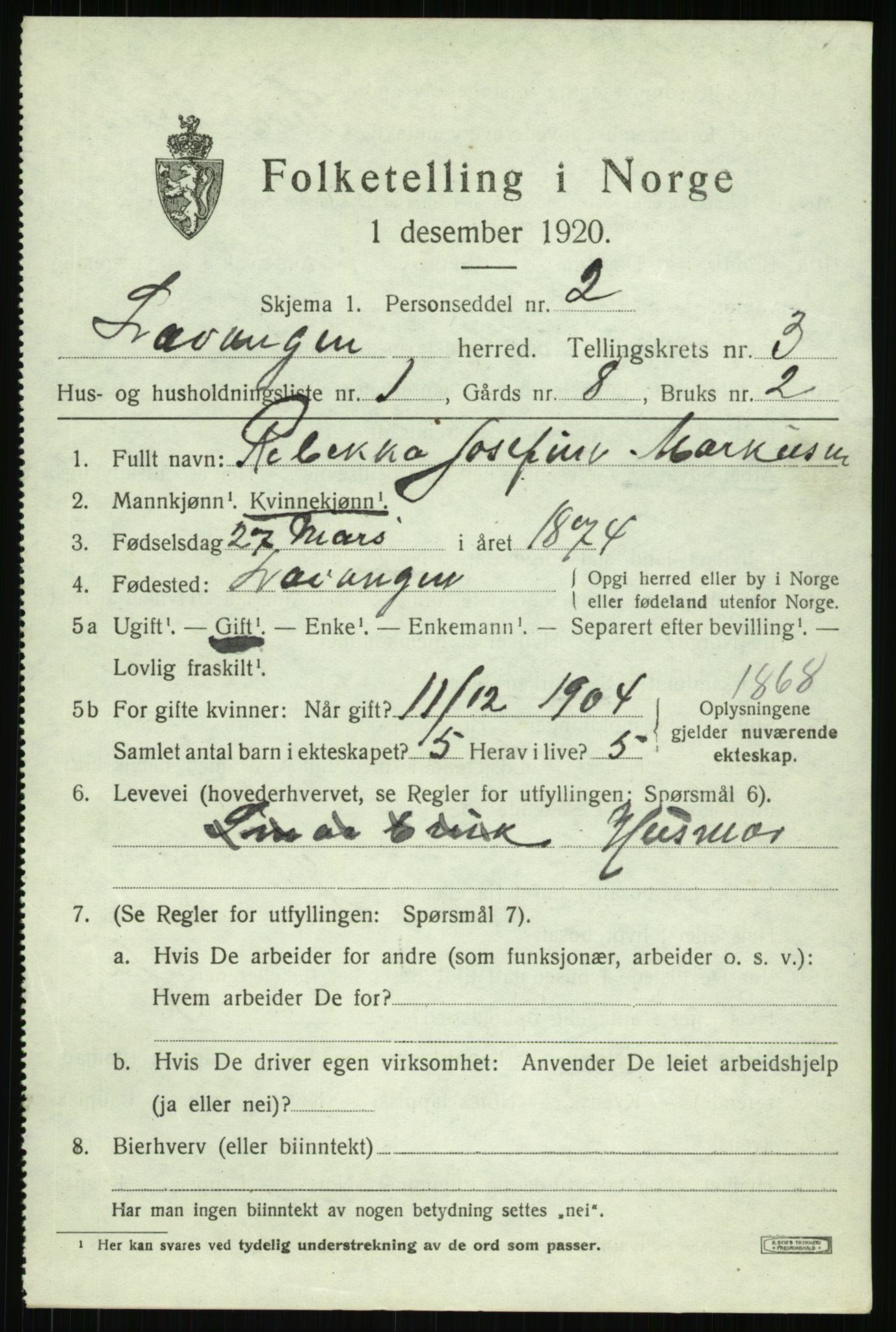 SATØ, 1920 census for Lavangen, 1920, p. 1349