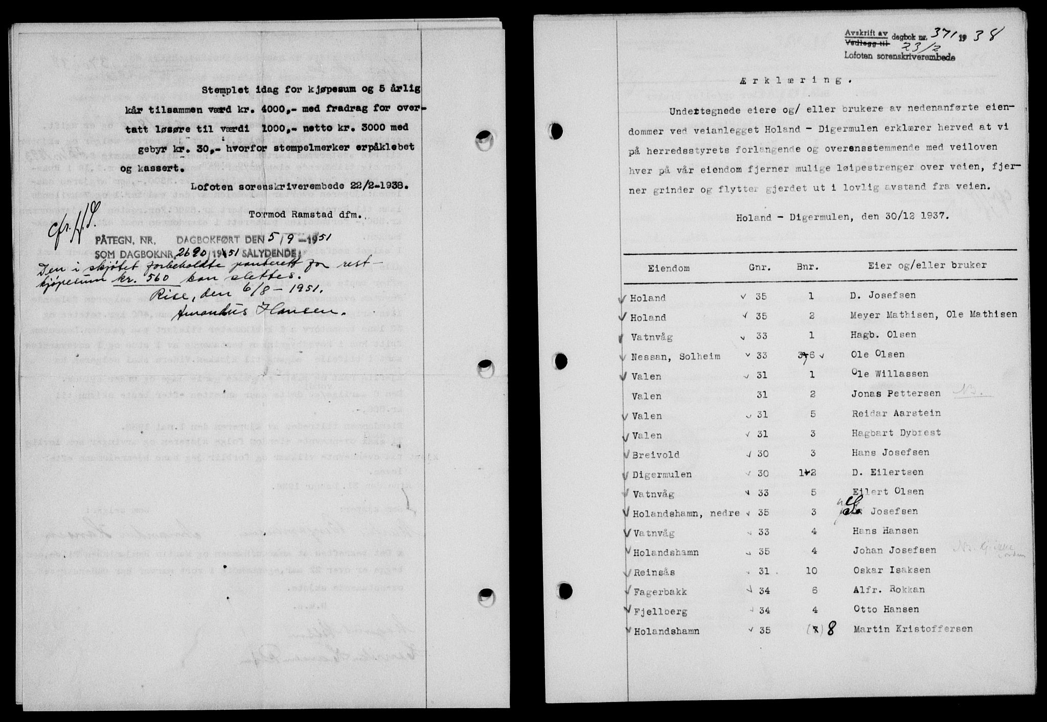 Lofoten sorenskriveri, SAT/A-0017/1/2/2C/L0003a: Mortgage book no. 3a, 1937-1938, Diary no: : 371/1938