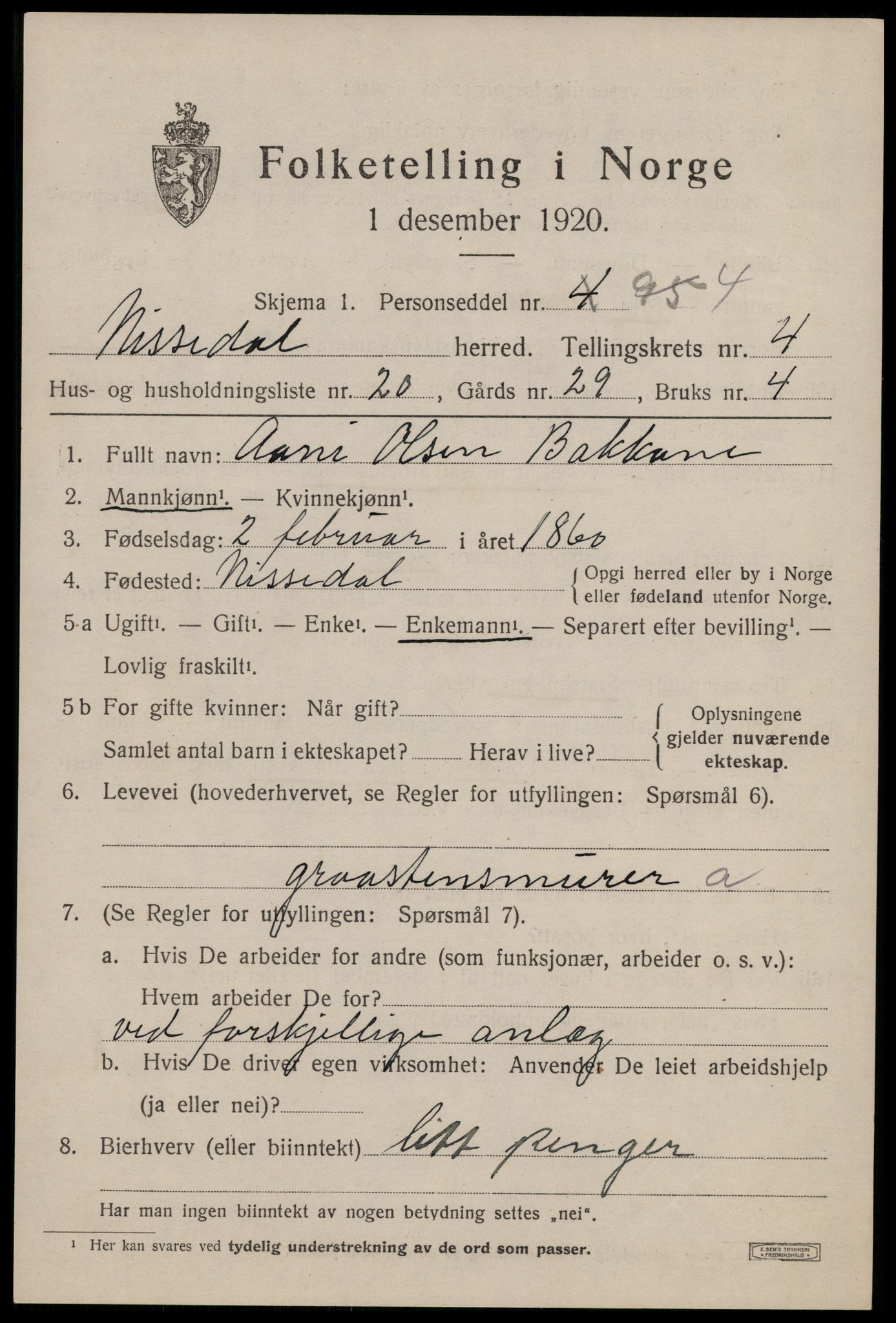 SAKO, 1920 census for Nissedal, 1920, p. 2017