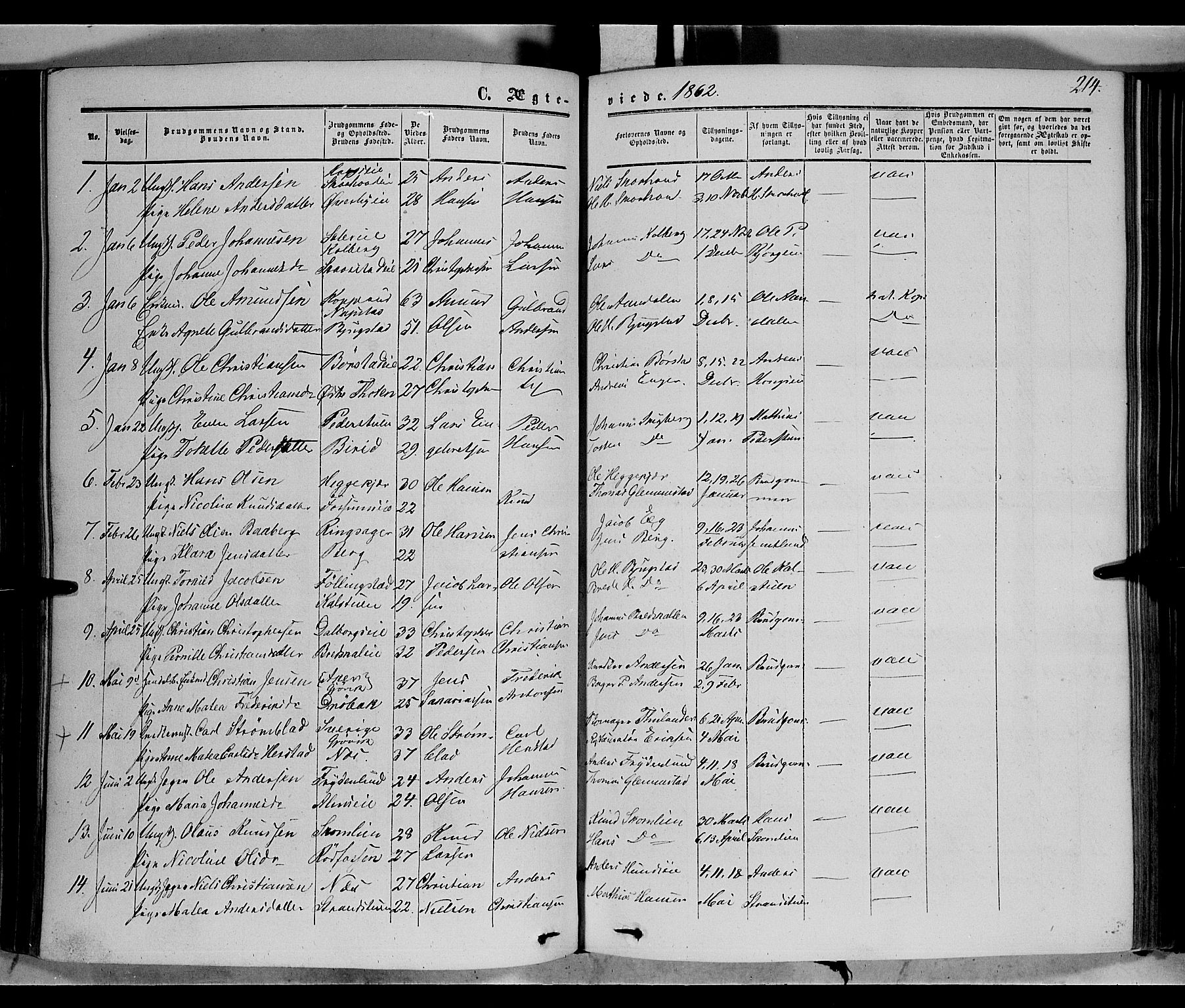 Vardal prestekontor, SAH/PREST-100/H/Ha/Haa/L0006: Parish register (official) no. 6, 1854-1866, p. 214