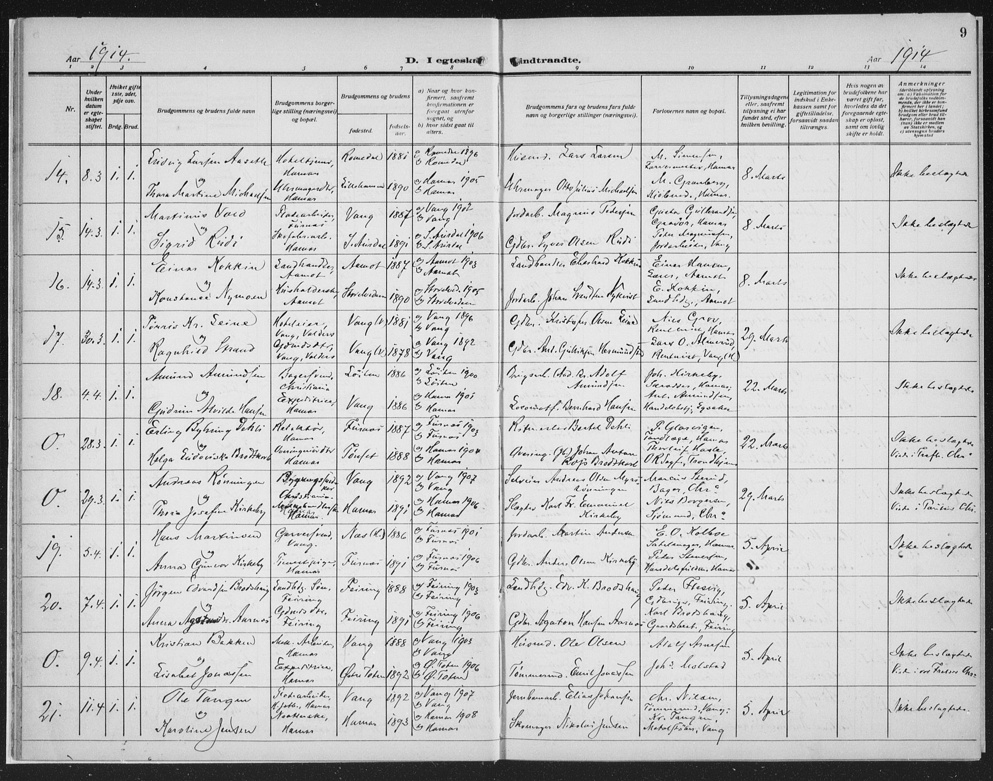 Hamar prestekontor, AV/SAH-DOMPH-002/H/Ha/Haa/L0003: Parish register (official) no. 3, 1913-1930, p. 9