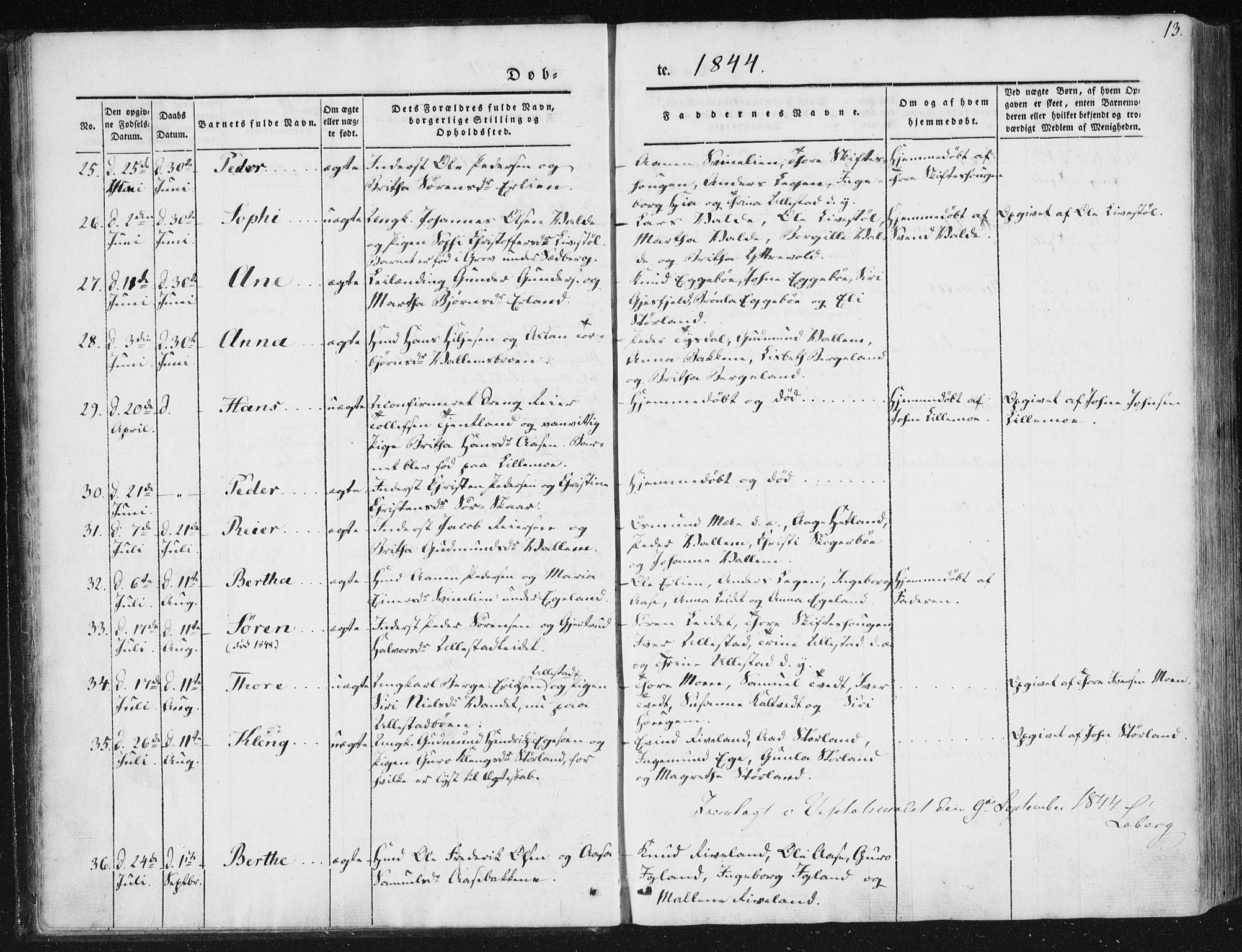 Hjelmeland sokneprestkontor, SAST/A-101843/01/IV/L0008: Parish register (official) no. A 8, 1842-1861, p. 13