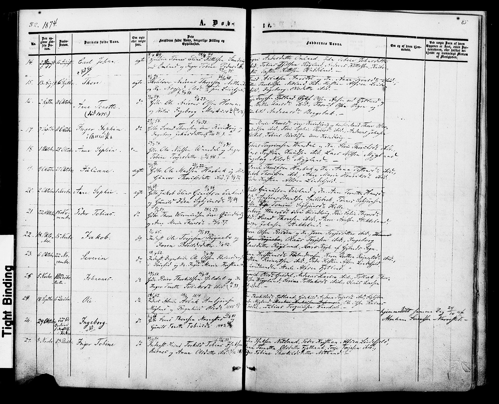 Fjotland sokneprestkontor, AV/SAK-1111-0010/F/Fa/L0001: Parish register (official) no. A 1, 1850-1879, p. 85