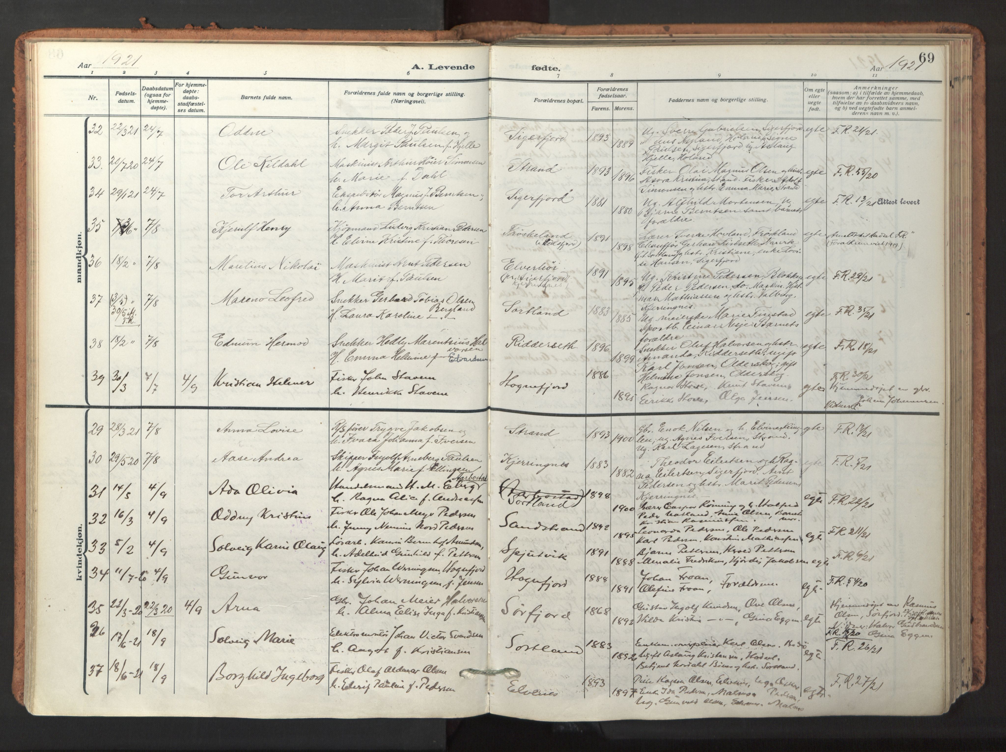 Ministerialprotokoller, klokkerbøker og fødselsregistre - Nordland, AV/SAT-A-1459/895/L1374: Parish register (official) no. 895A09, 1915-1925, p. 69