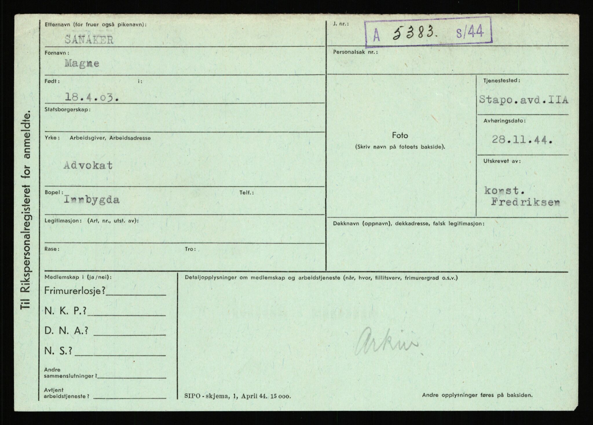 Statspolitiet - Hovedkontoret / Osloavdelingen, AV/RA-S-1329/C/Ca/L0013: Raa - Servold, 1943-1945, p. 3557