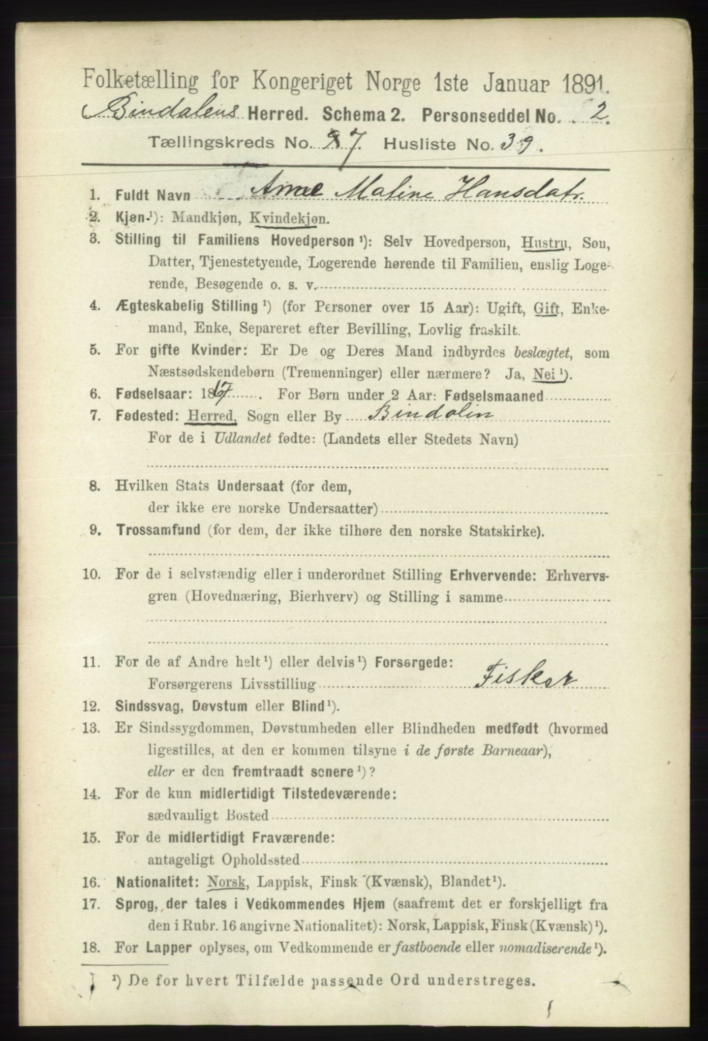 RA, 1891 census for 1811 Bindal, 1891, p. 2503