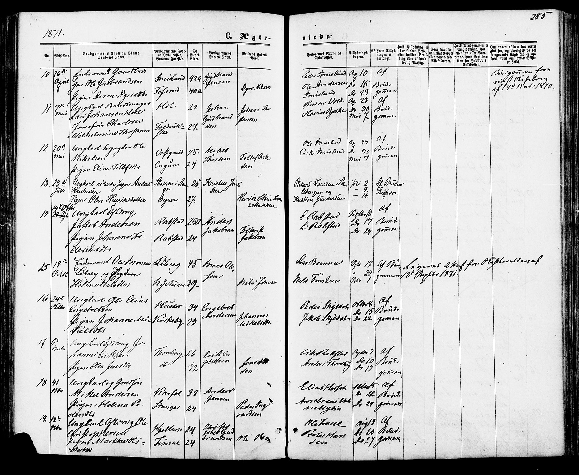 Vang prestekontor, Hedmark, SAH/PREST-008/H/Ha/Haa/L0015: Parish register (official) no. 15, 1871-1885, p. 285
