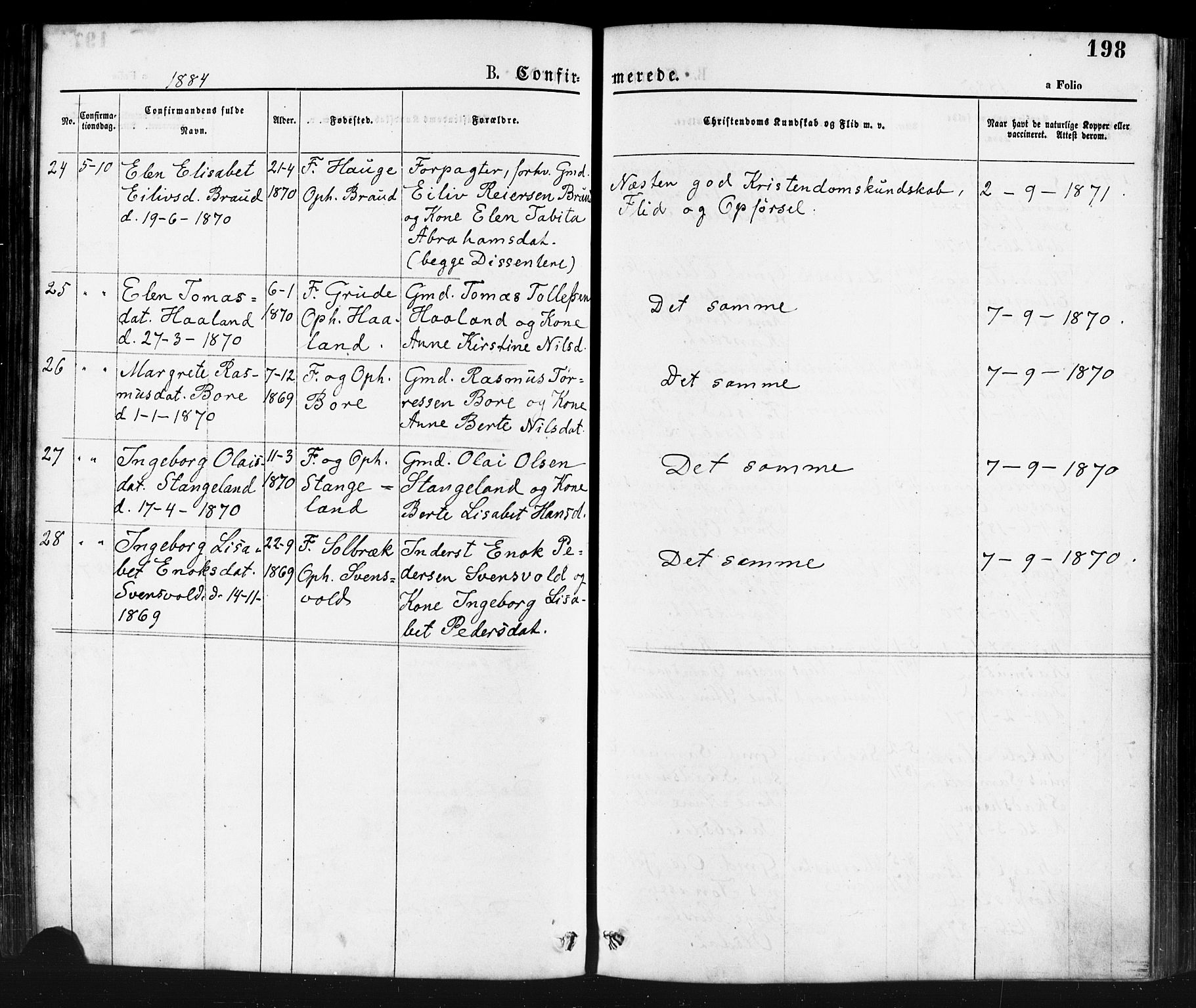 Klepp sokneprestkontor, AV/SAST-A-101803/001/3/30BA/L0006: Parish register (official) no. A 6, 1871-1885, p. 198