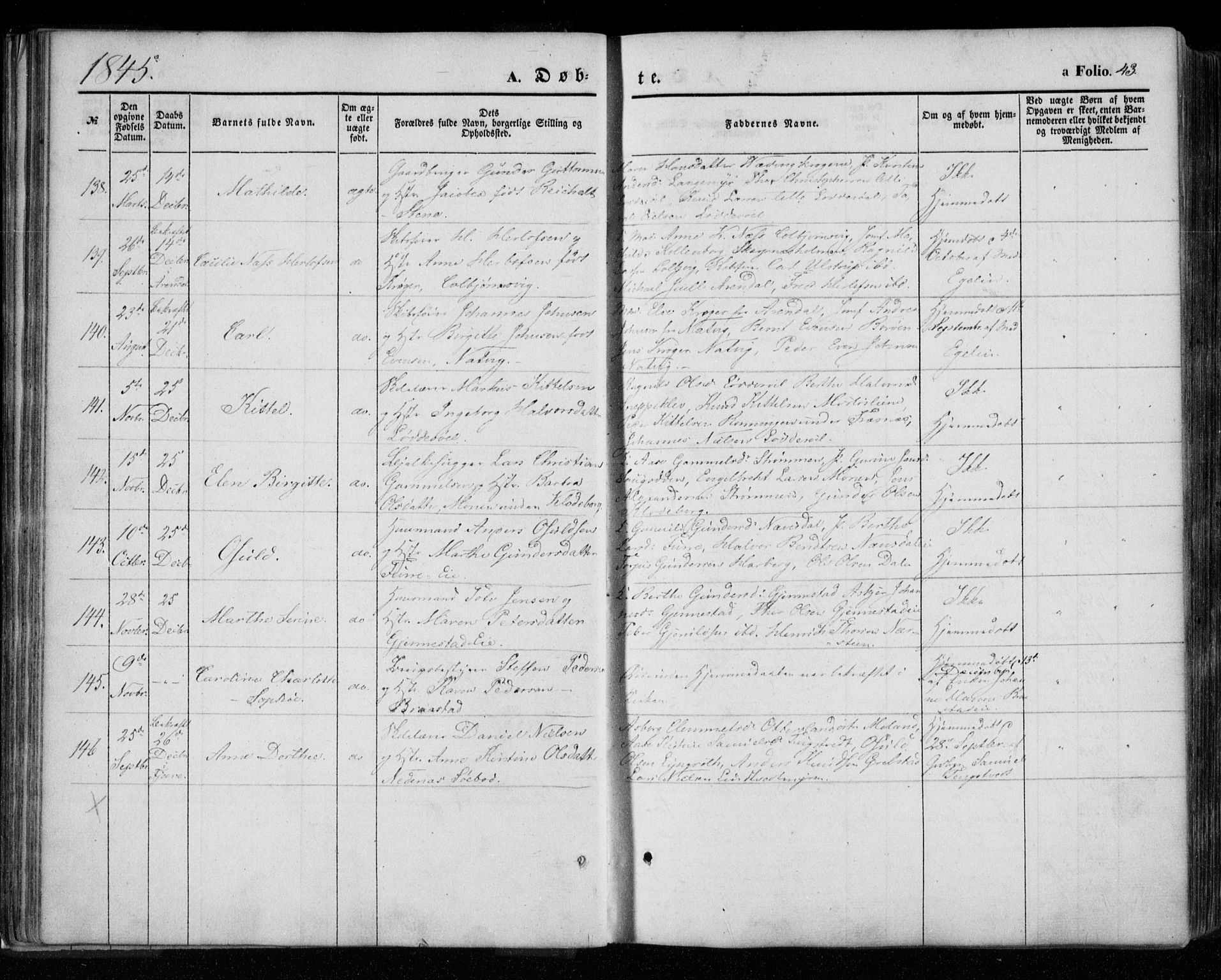 Øyestad sokneprestkontor, AV/SAK-1111-0049/F/Fa/L0014: Parish register (official) no. A 14, 1843-1856, p. 43