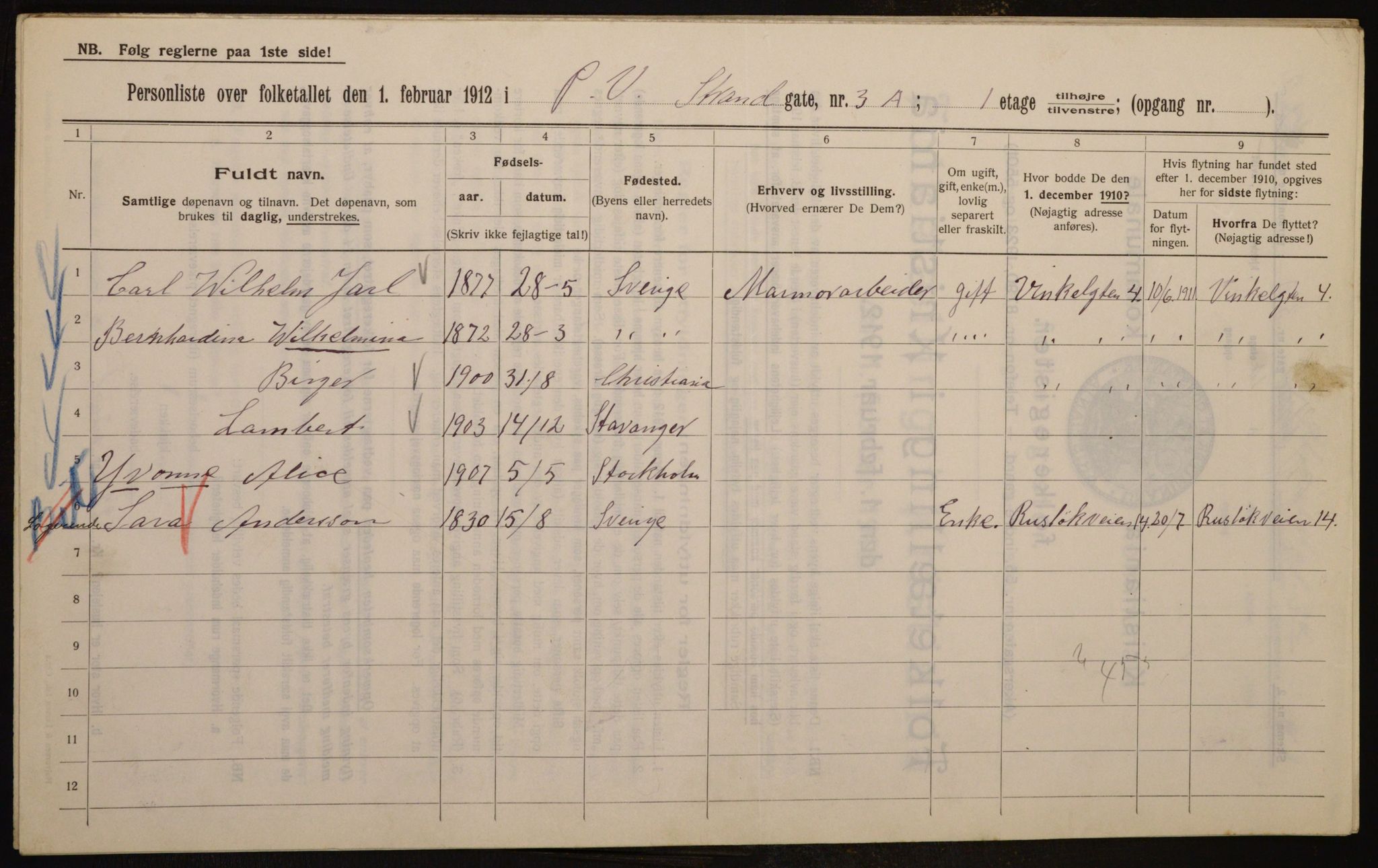 OBA, Municipal Census 1912 for Kristiania, 1912, p. 103705