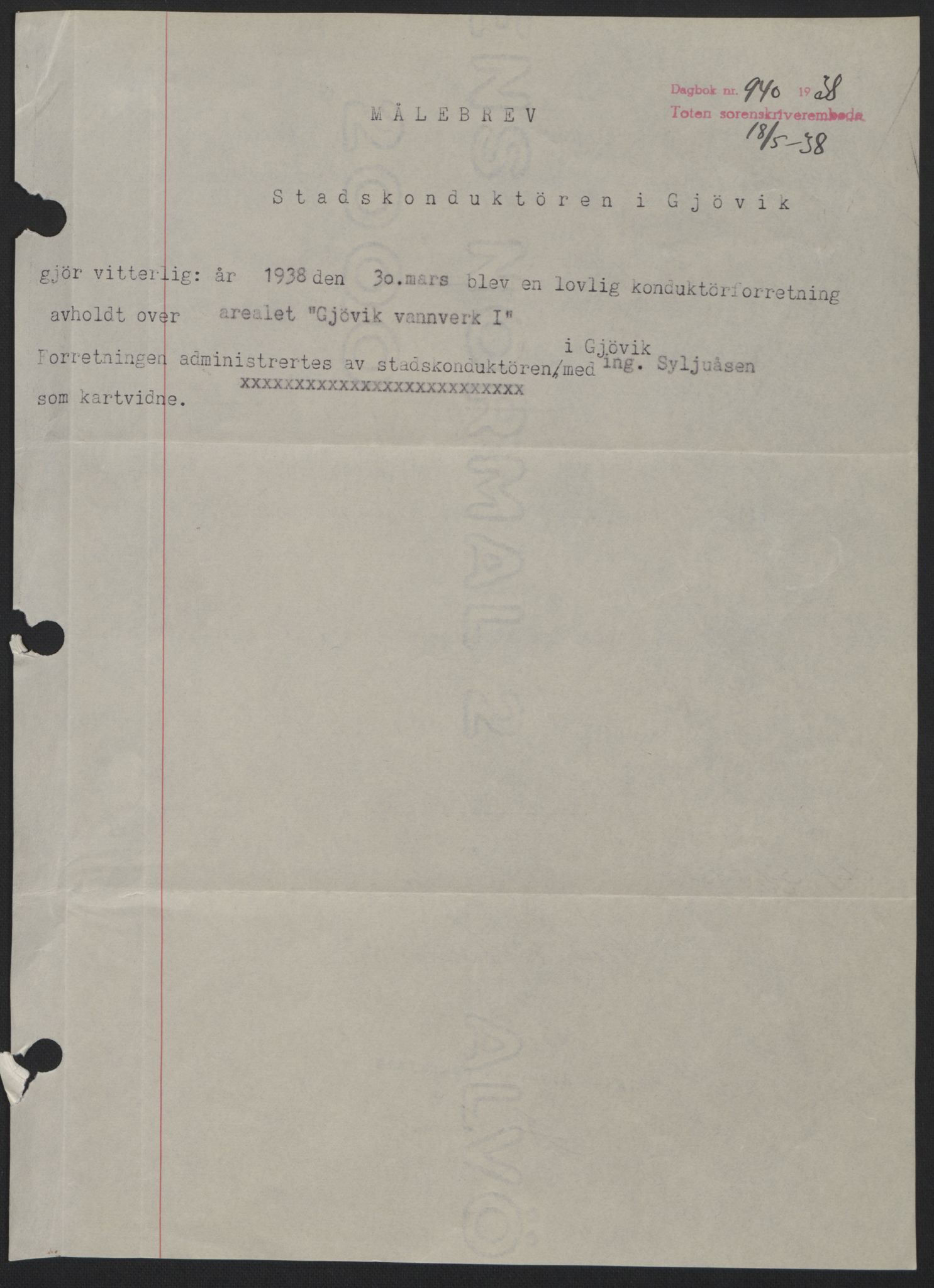 Toten tingrett, SAH/TING-006/H/Hb/Hbc/L0004: Mortgage book no. Hbc-04, 1938-1938, Diary no: : 940/1938