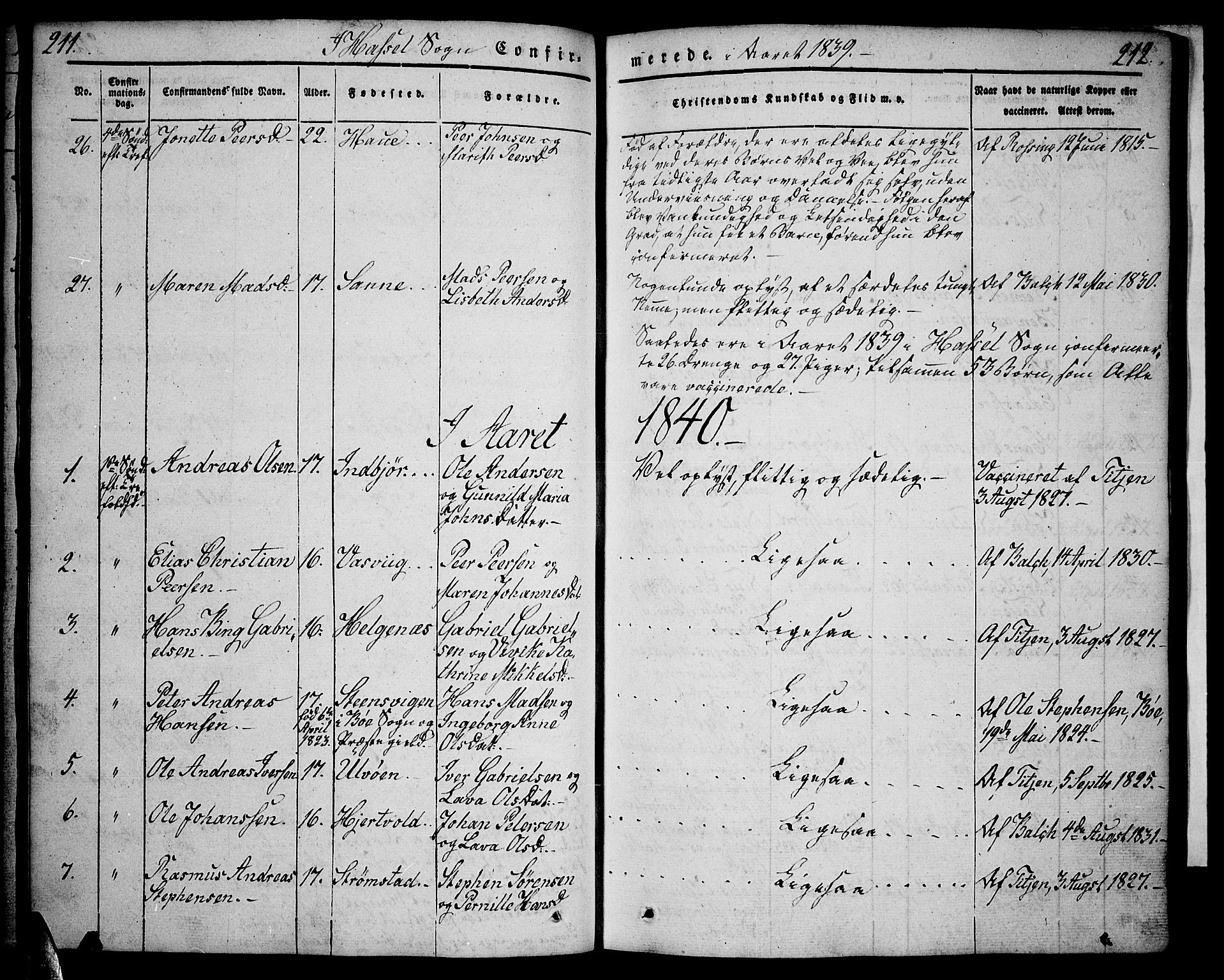 Ministerialprotokoller, klokkerbøker og fødselsregistre - Nordland, AV/SAT-A-1459/888/L1239: Parish register (official) no. 888A06 /1, 1837-1849, p. 211-212