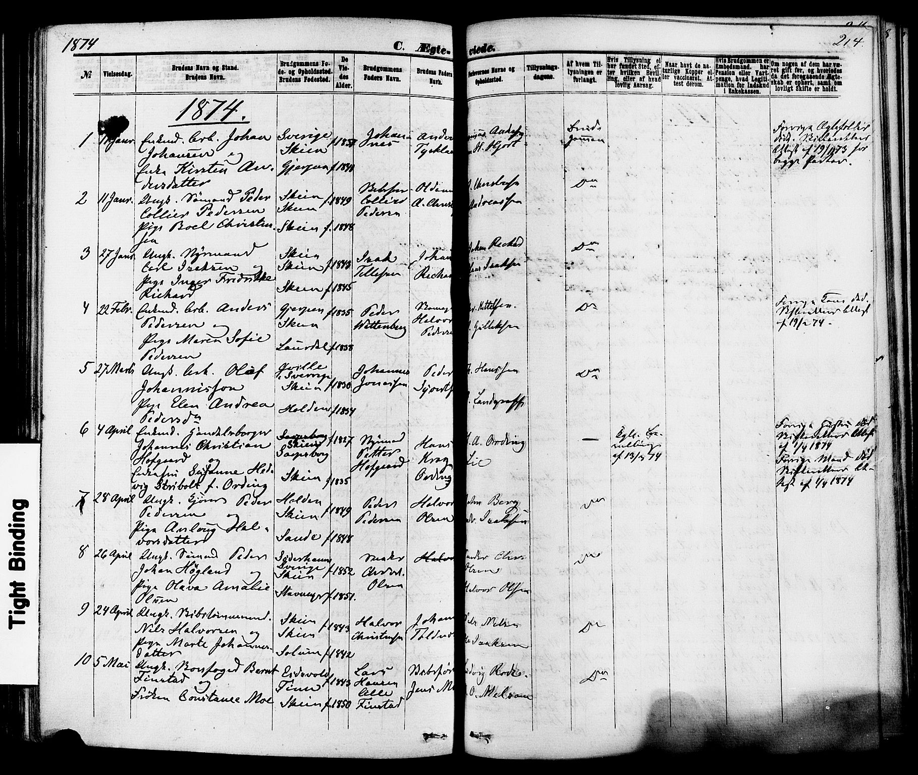 Skien kirkebøker, SAKO/A-302/F/Fa/L0008: Parish register (official) no. 8, 1866-1877, p. 214
