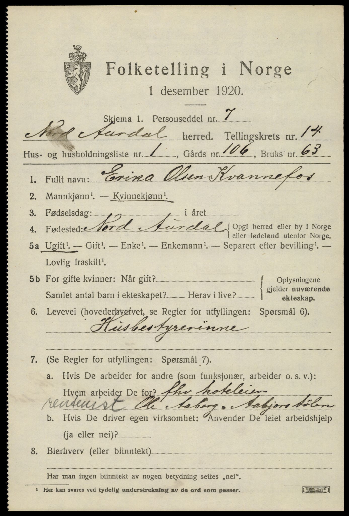 SAH, 1920 census for Nord-Aurdal, 1920, p. 10996