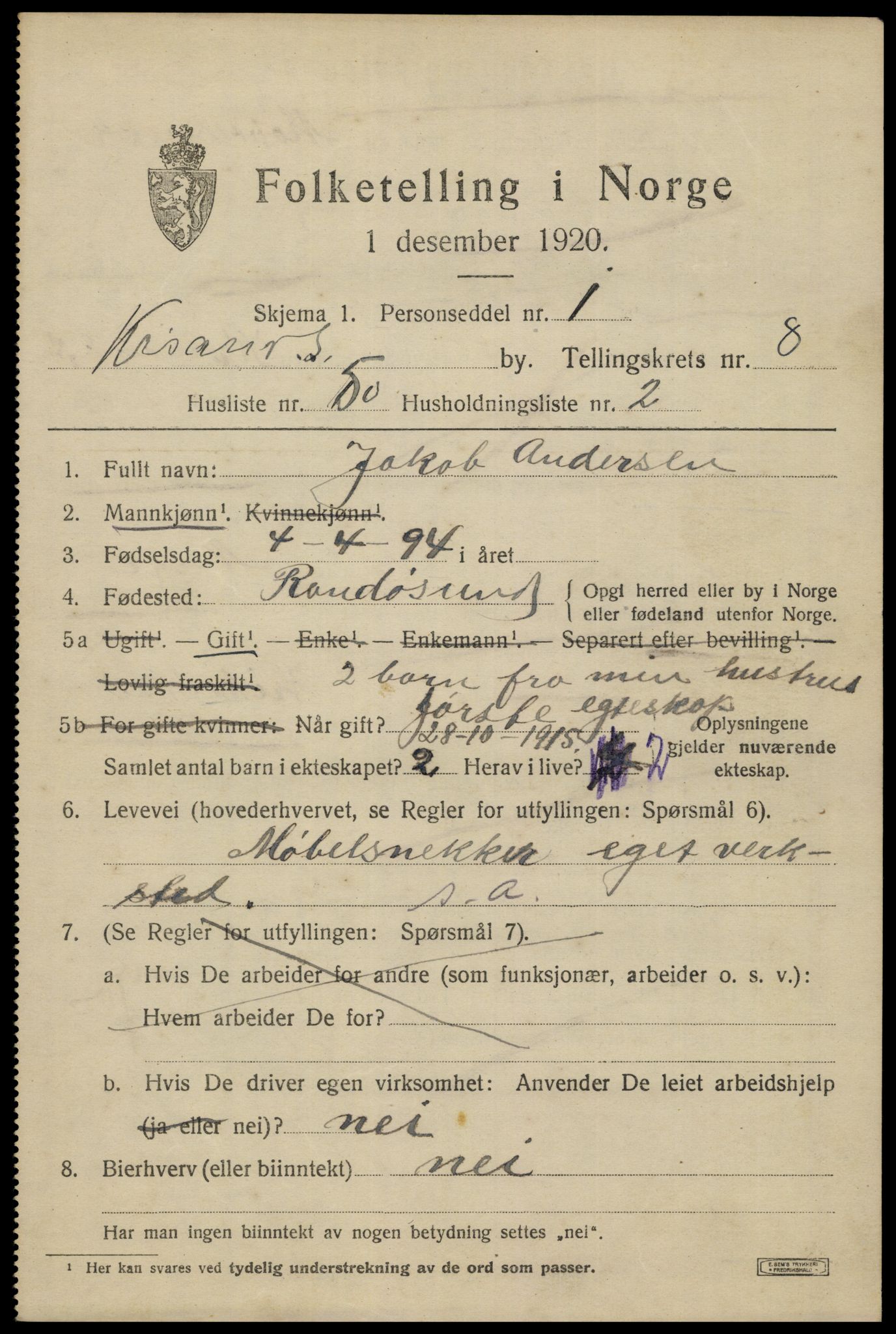 SAK, 1920 census for Kristiansand, 1920, p. 22019