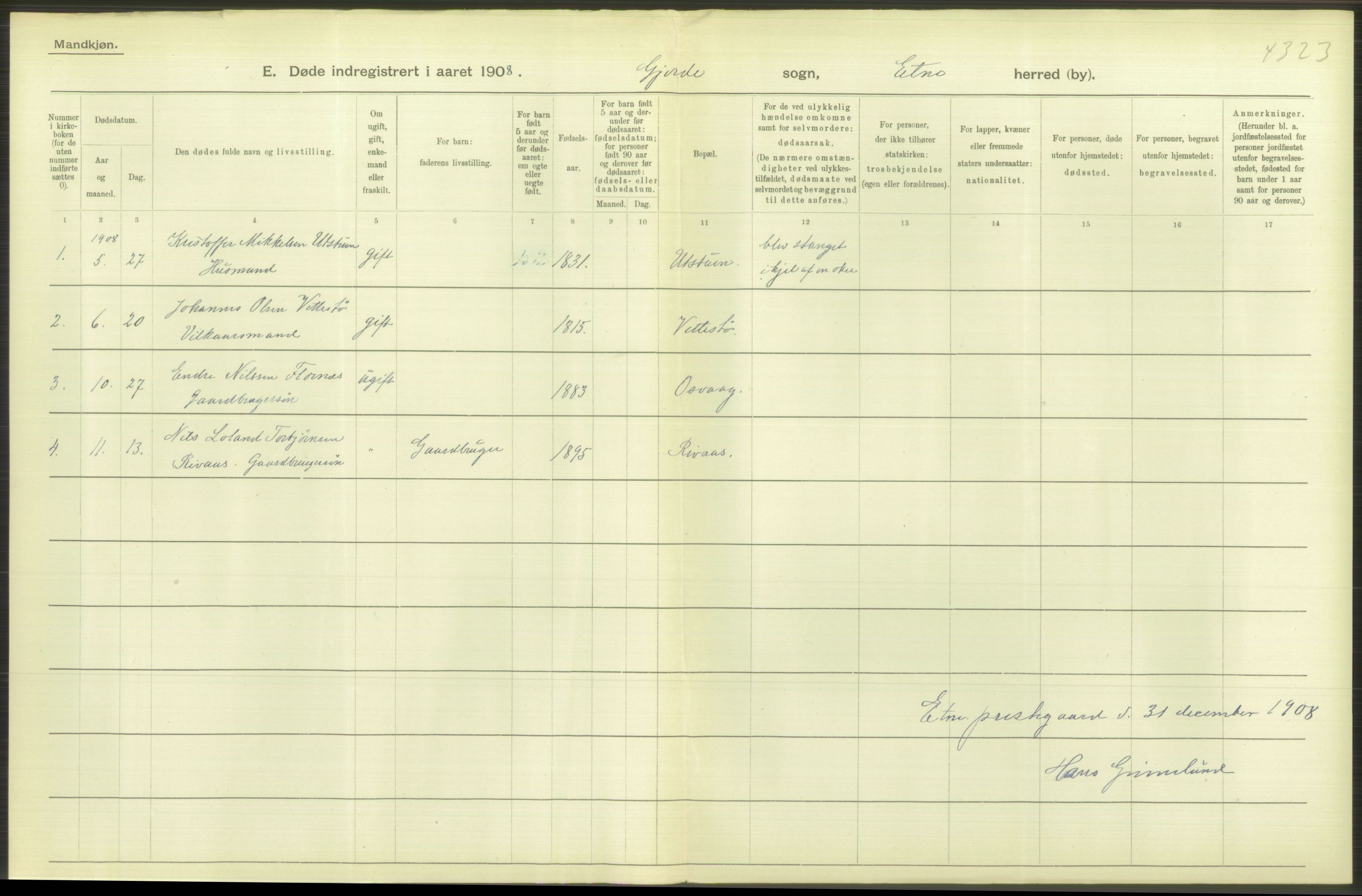 Statistisk sentralbyrå, Sosiodemografiske emner, Befolkning, AV/RA-S-2228/D/Df/Dfa/Dfaf/L0029: S. Bergenhus amt: Døde. Bygder., 1908, p. 38