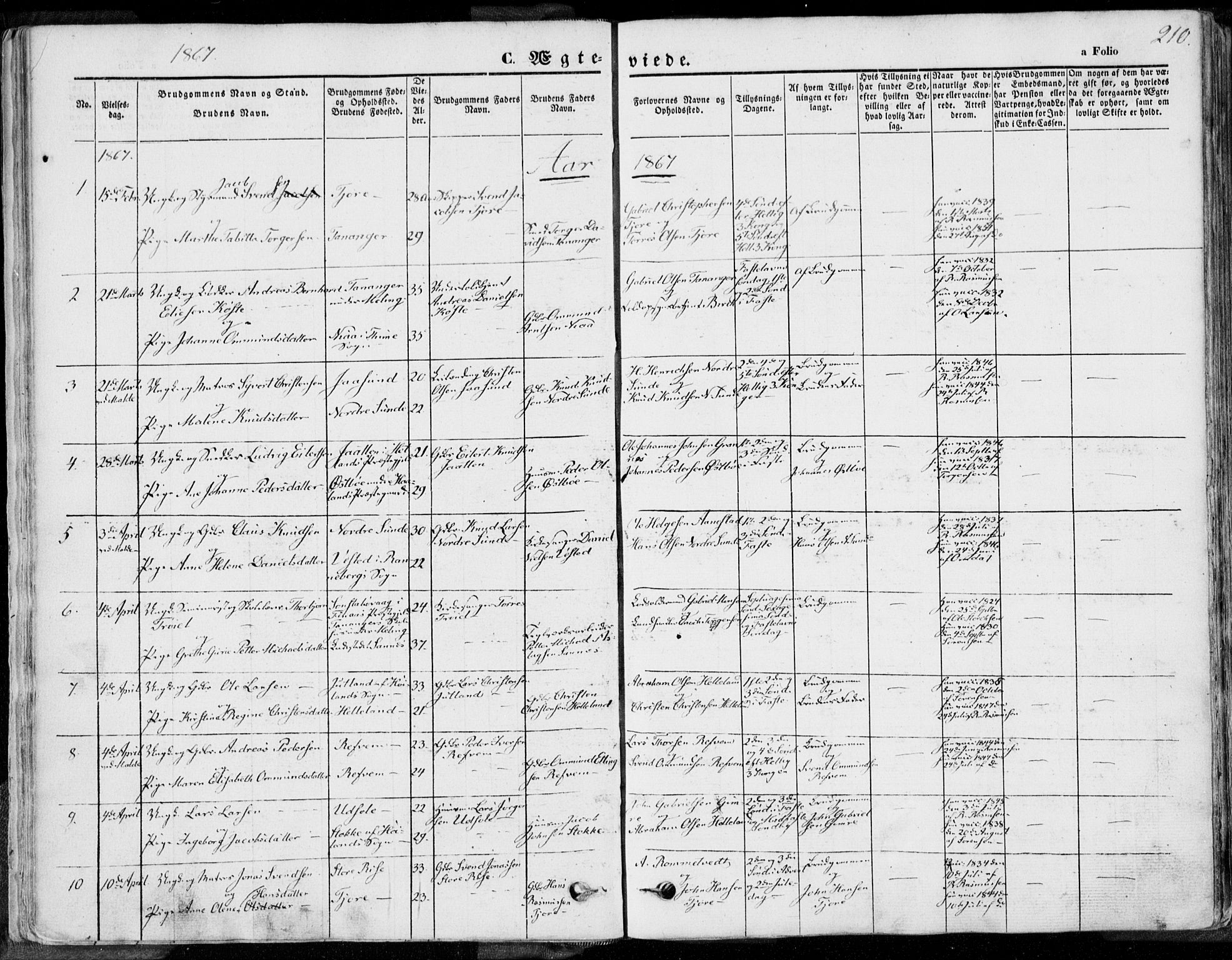 Håland sokneprestkontor, SAST/A-101802/001/30BA/L0008: Parish register (official) no. A 7.2, 1854-1870, p. 210