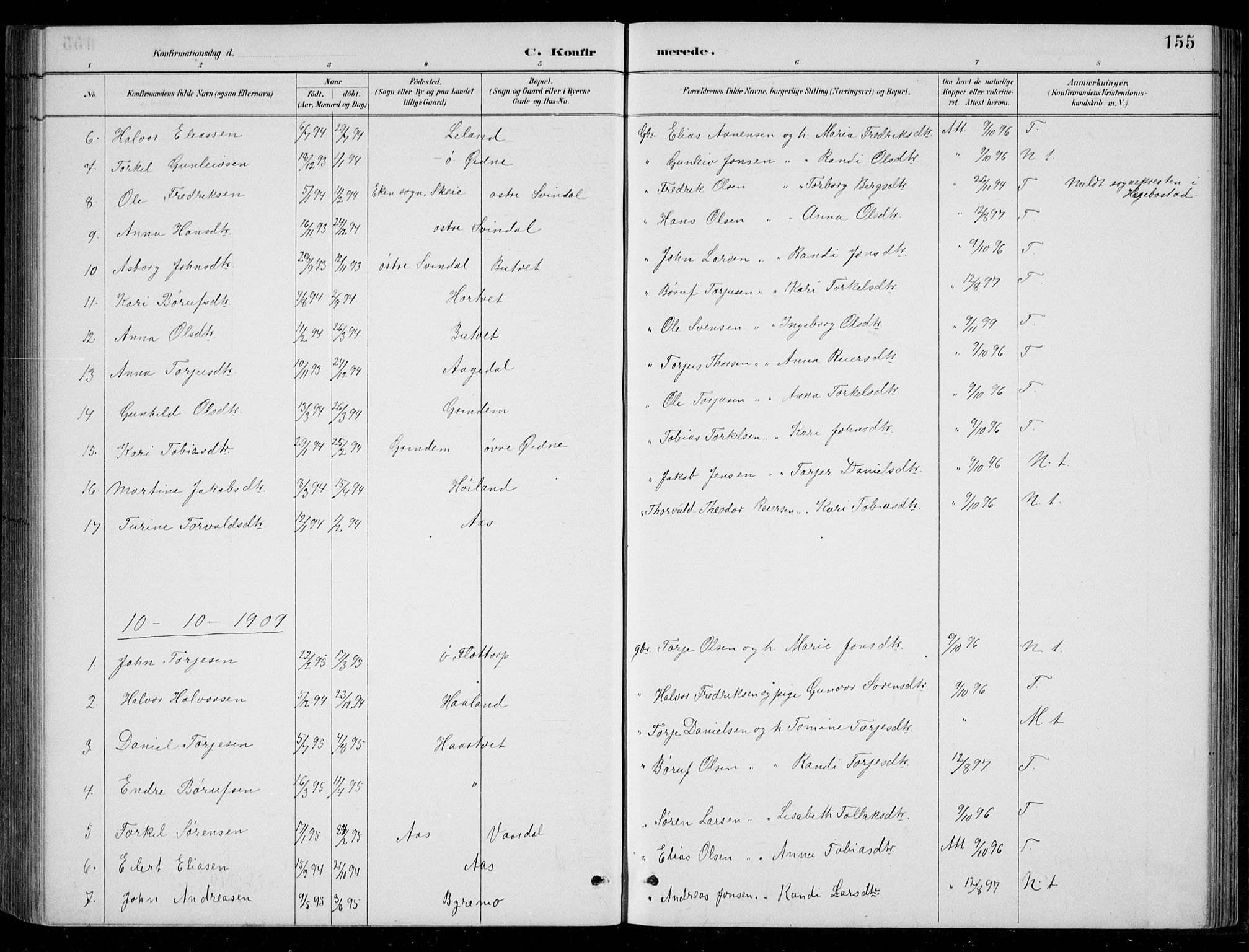 Bjelland sokneprestkontor, SAK/1111-0005/F/Fb/Fbc/L0003: Parish register (copy) no. B 3, 1887-1924, p. 155