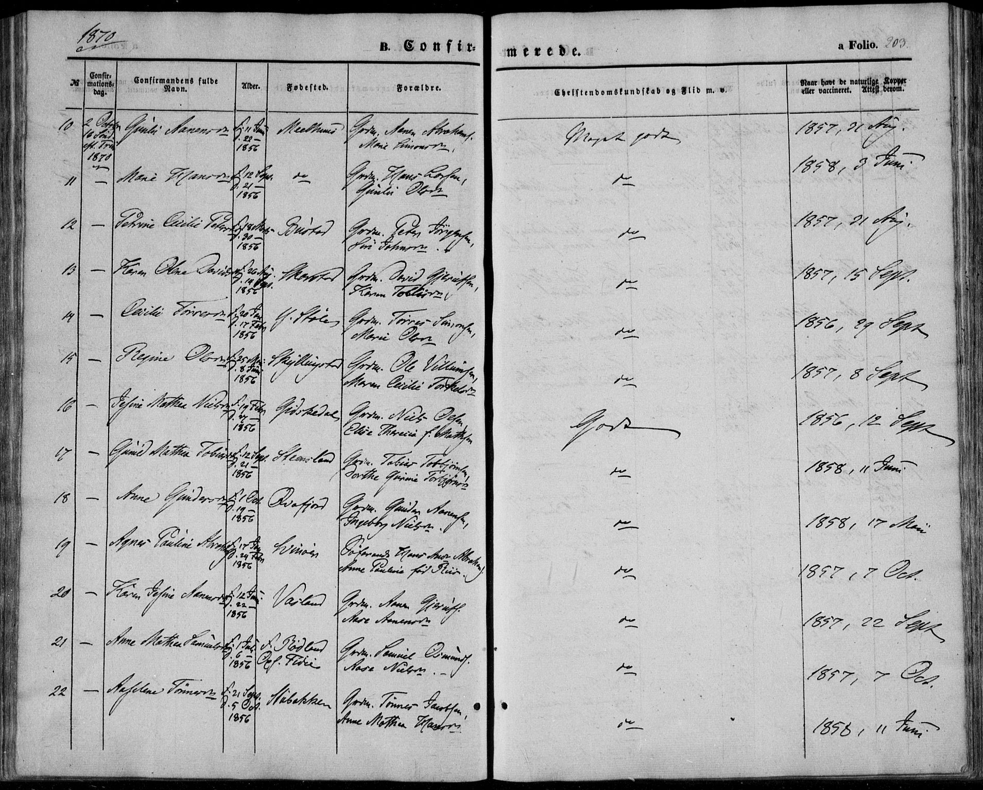Sør-Audnedal sokneprestkontor, AV/SAK-1111-0039/F/Fa/Fab/L0007: Parish register (official) no. A 7, 1855-1876, p. 203