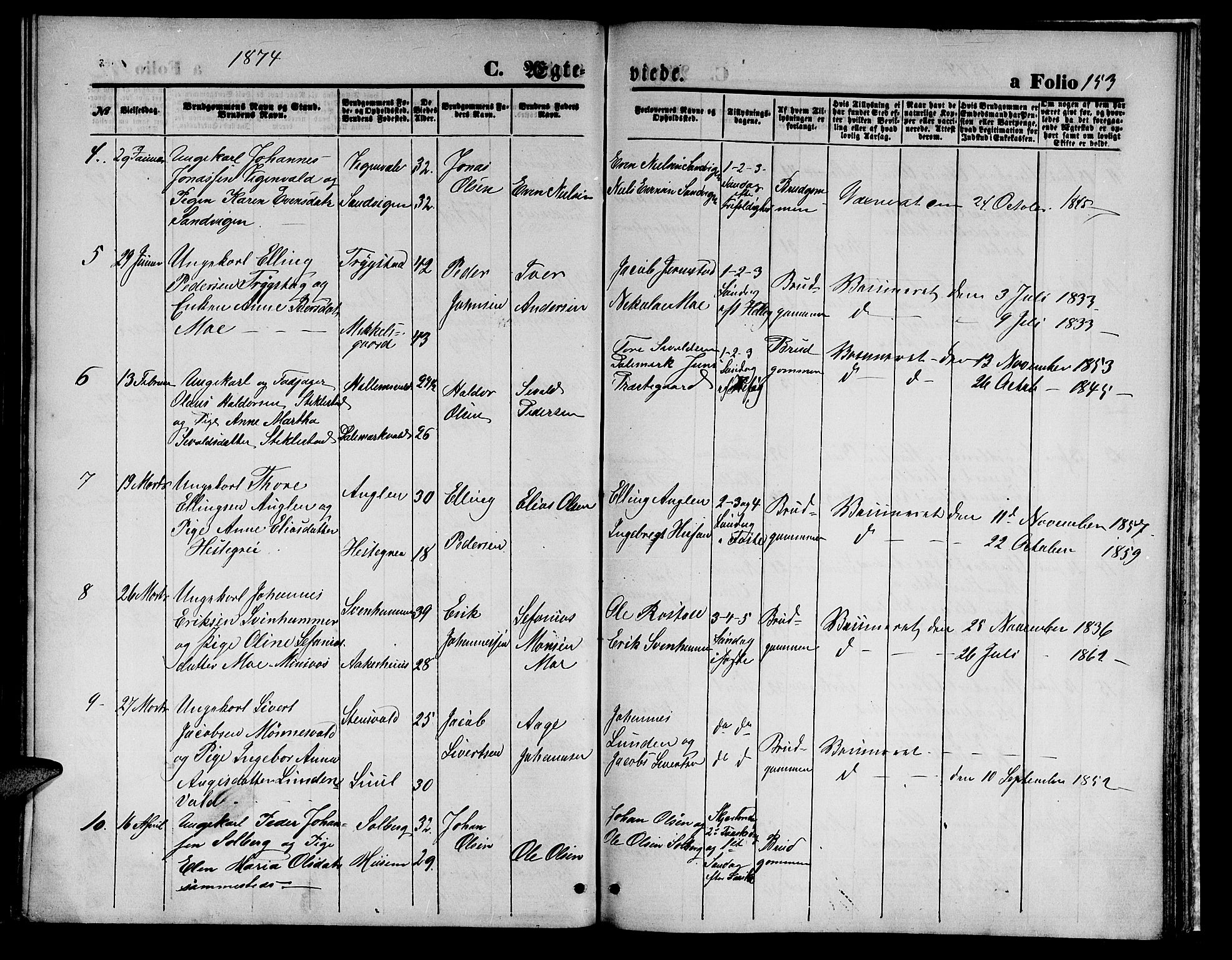 Ministerialprotokoller, klokkerbøker og fødselsregistre - Nord-Trøndelag, AV/SAT-A-1458/723/L0255: Parish register (copy) no. 723C03, 1869-1879, p. 153