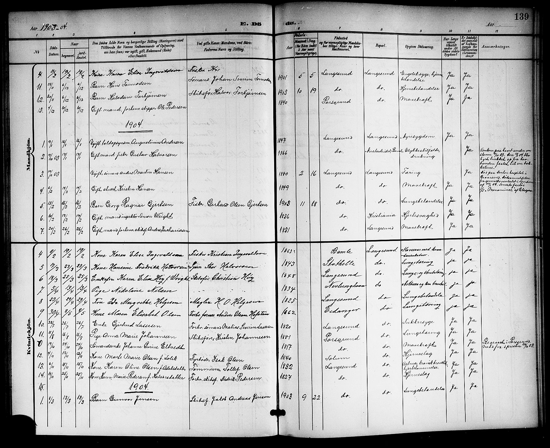 Langesund kirkebøker, SAKO/A-280/G/Ga/L0006: Parish register (copy) no. 6, 1899-1918, p. 139