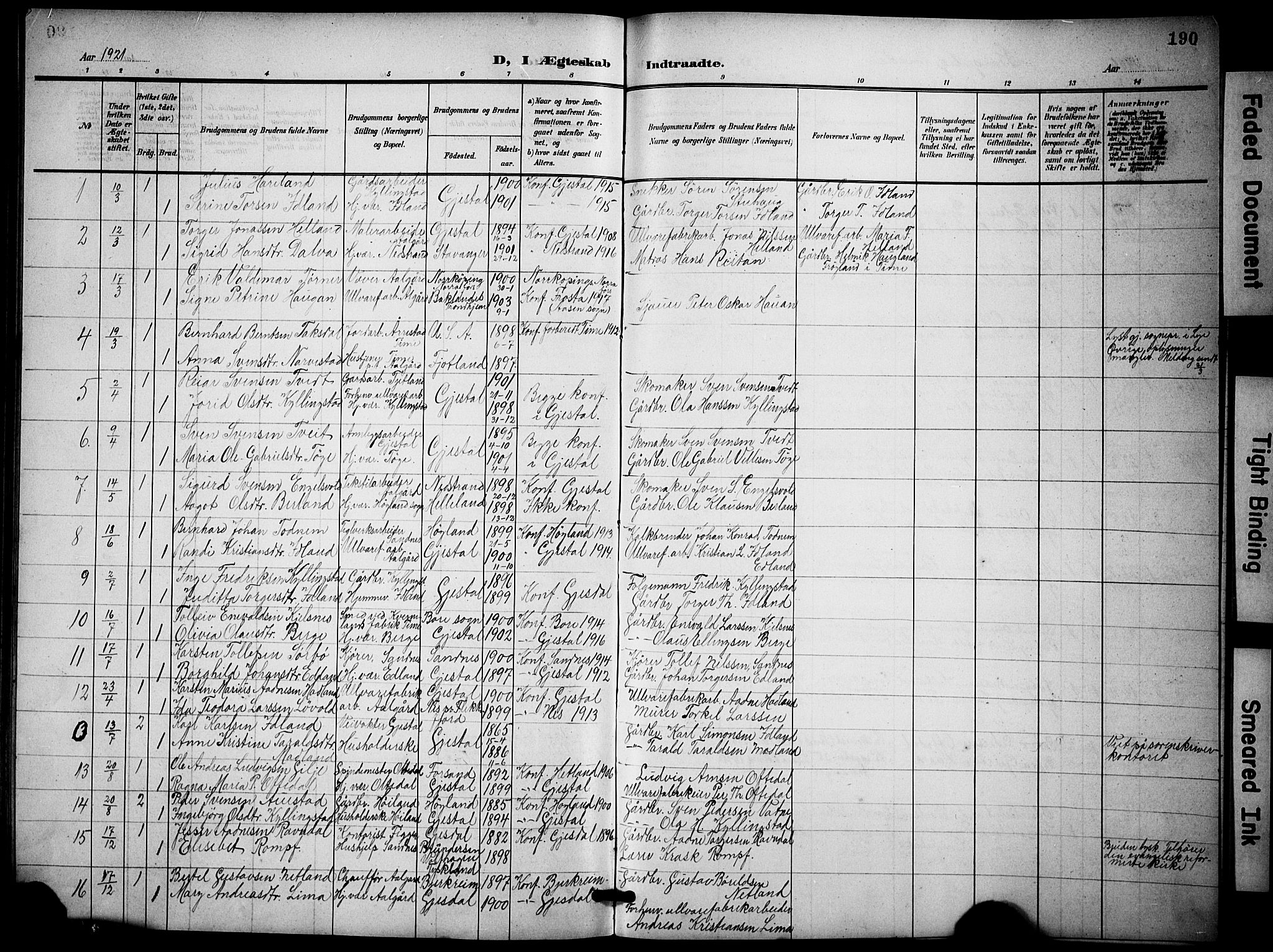 Lye sokneprestkontor, SAST/A-101794/001/30BB/L0009: Parish register (copy) no. B 9, 1902-1923, p. 190