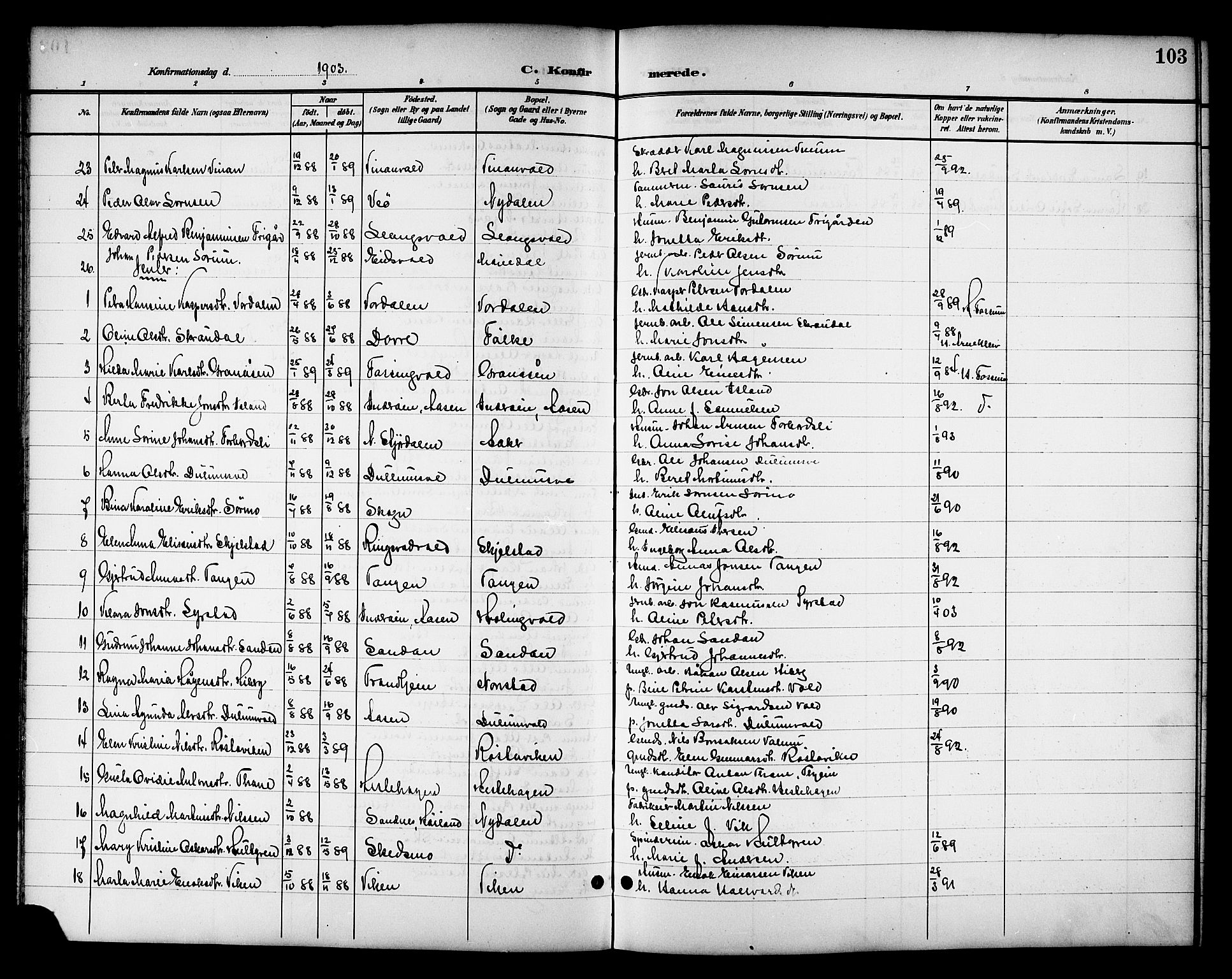 Ministerialprotokoller, klokkerbøker og fødselsregistre - Nord-Trøndelag, SAT/A-1458/714/L0135: Parish register (copy) no. 714C04, 1899-1918, p. 103
