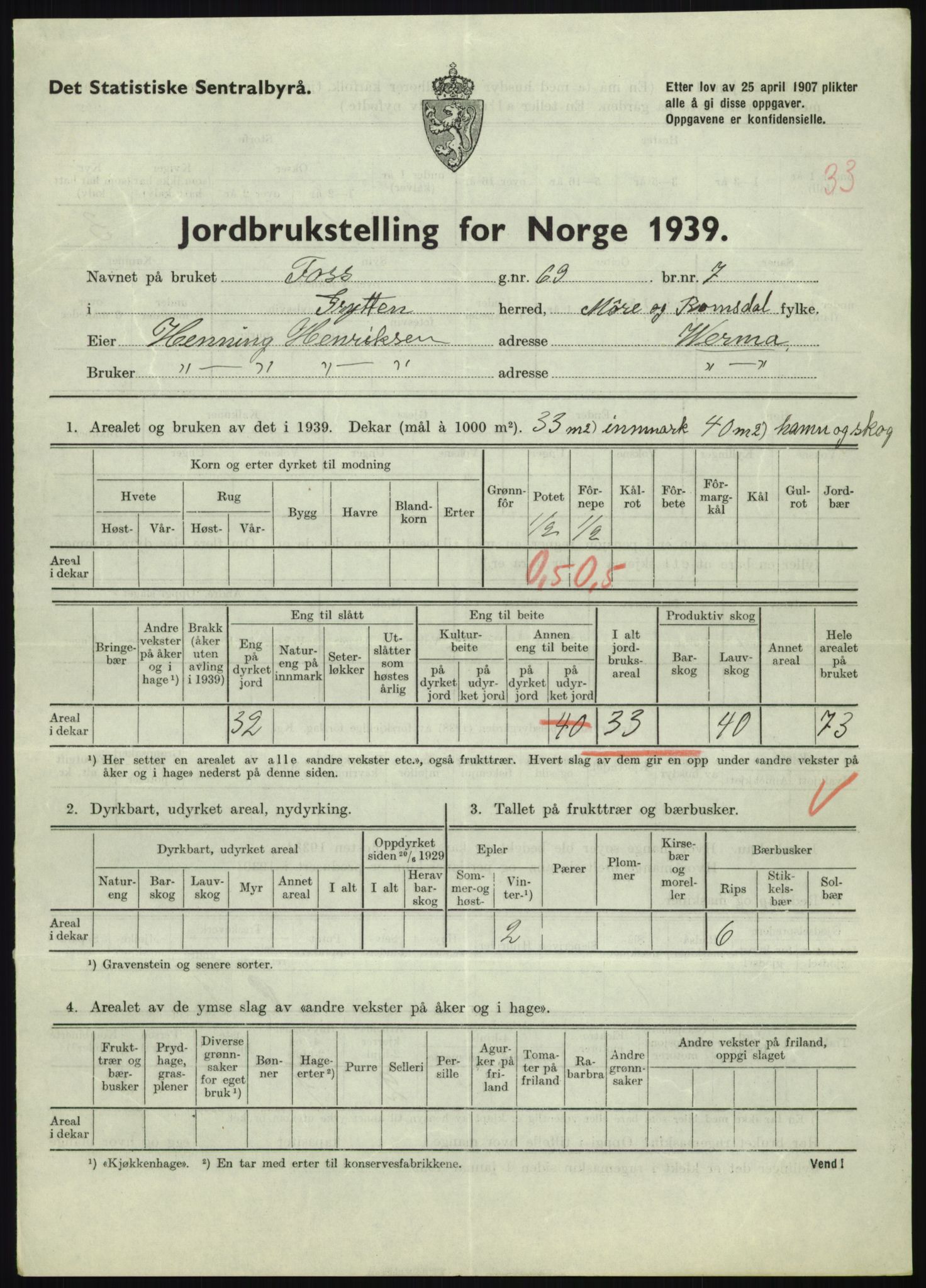 Statistisk sentralbyrå, Næringsøkonomiske emner, Jordbruk, skogbruk, jakt, fiske og fangst, AV/RA-S-2234/G/Gb/L0251: Møre og Romsdal: Voll, Eid, Grytten og Hen, 1939, p. 701