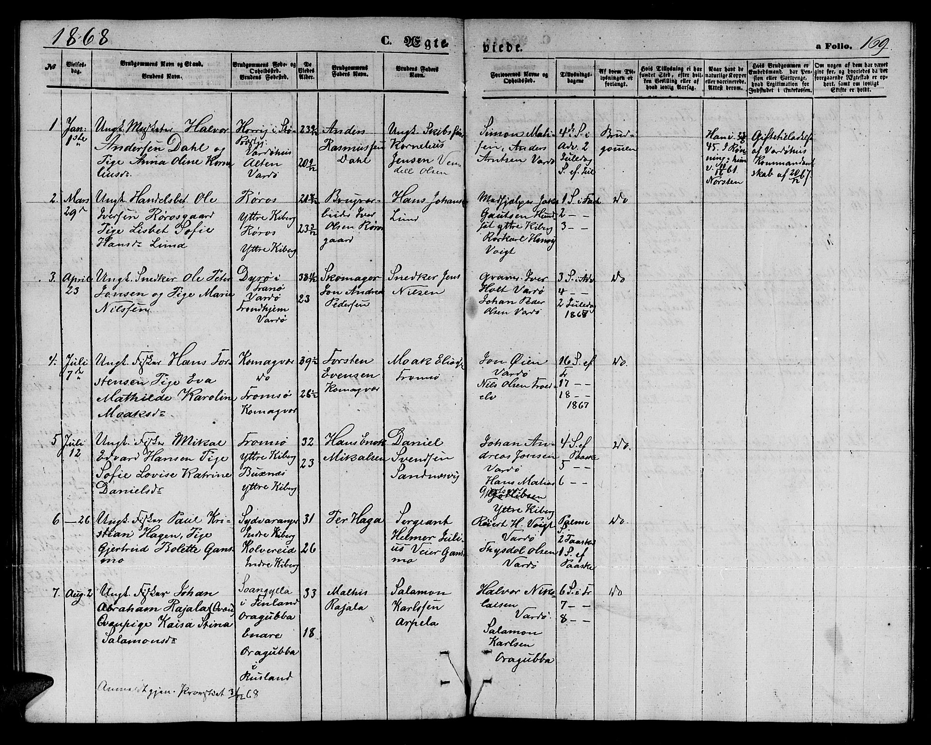 Vardø sokneprestkontor, SATØ/S-1332/H/Hb/L0002klokker: Parish register (copy) no. 2, 1861-1870, p. 169