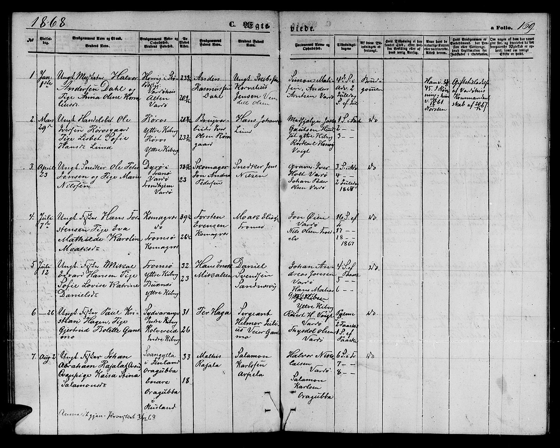 Vardø sokneprestkontor, AV/SATØ-S-1332/H/Hb/L0002klokker: Parish register (copy) no. 2, 1861-1870, p. 169