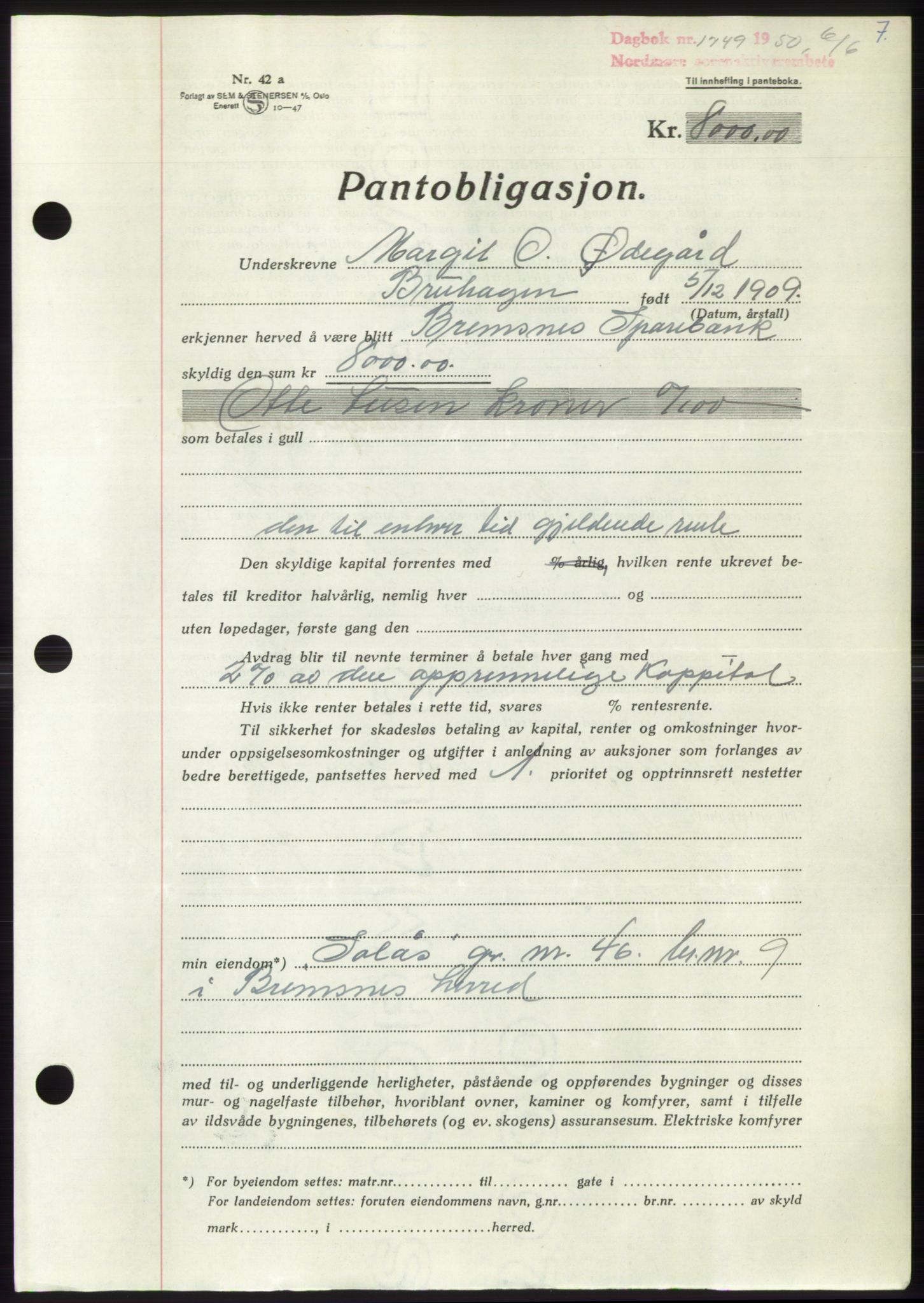 Nordmøre sorenskriveri, AV/SAT-A-4132/1/2/2Ca: Mortgage book no. B105, 1950-1950, Diary no: : 1749/1950