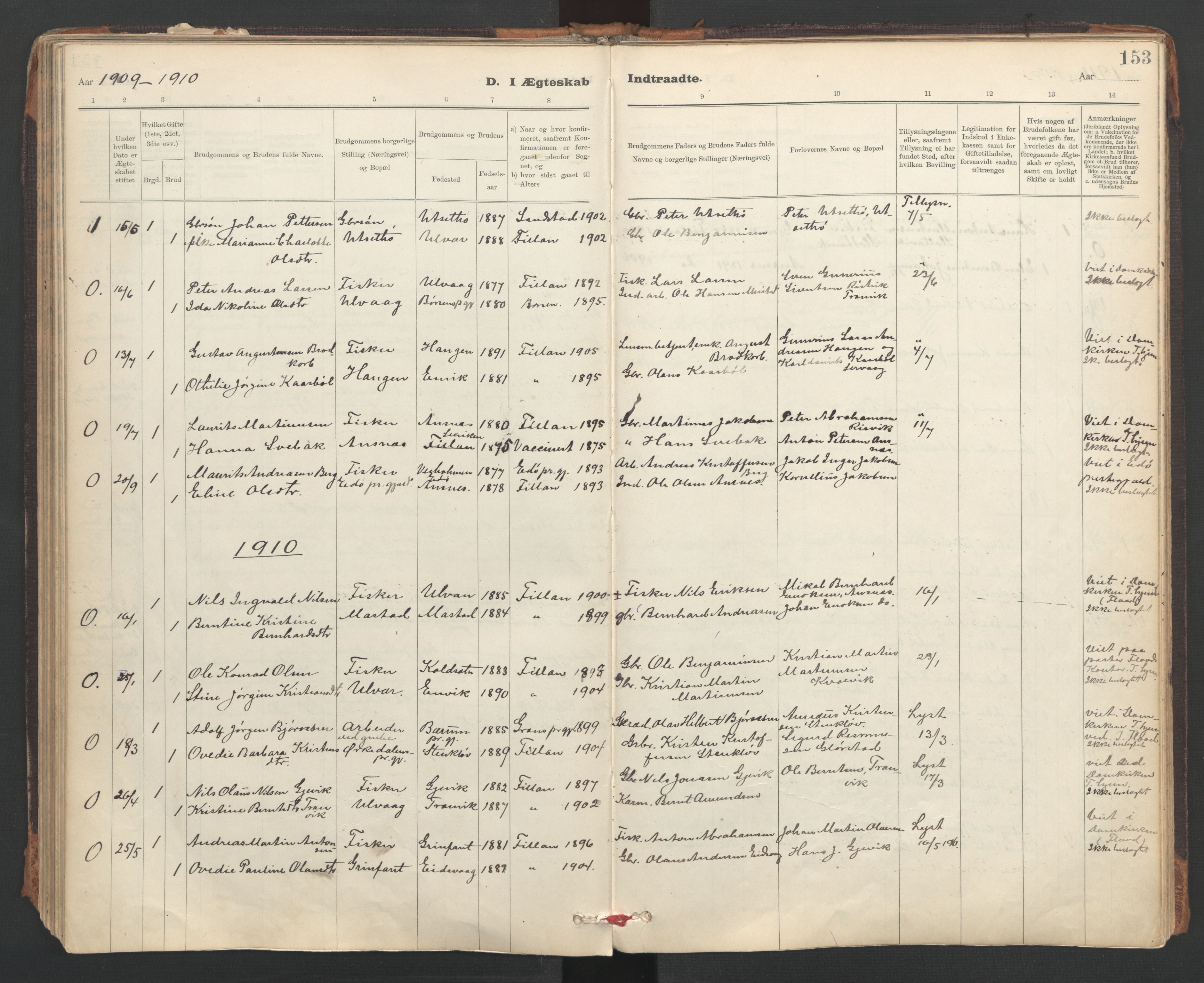 Ministerialprotokoller, klokkerbøker og fødselsregistre - Sør-Trøndelag, SAT/A-1456/637/L0559: Parish register (official) no. 637A02, 1899-1923, p. 153