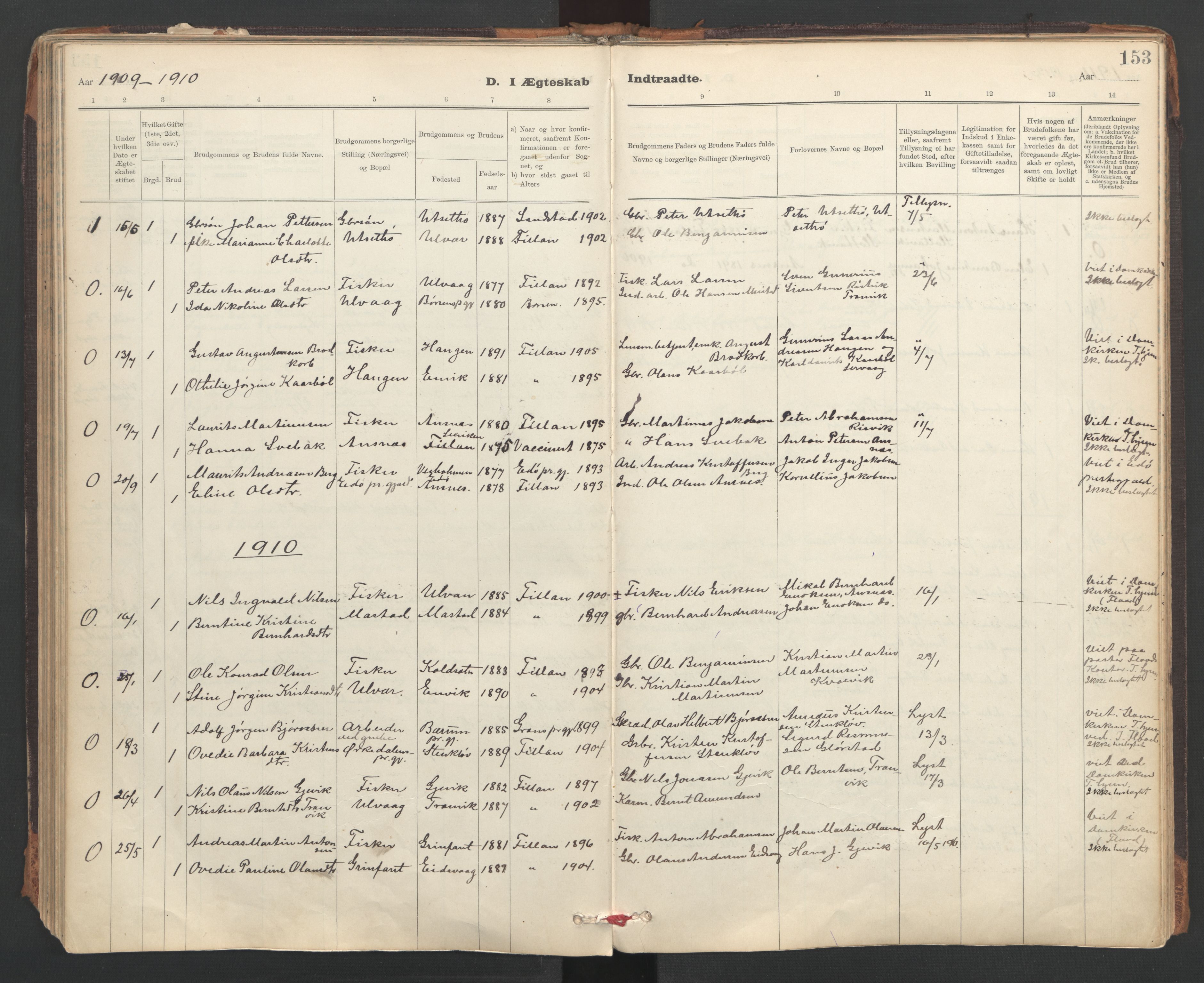 Ministerialprotokoller, klokkerbøker og fødselsregistre - Sør-Trøndelag, AV/SAT-A-1456/637/L0559: Parish register (official) no. 637A02, 1899-1923, p. 153