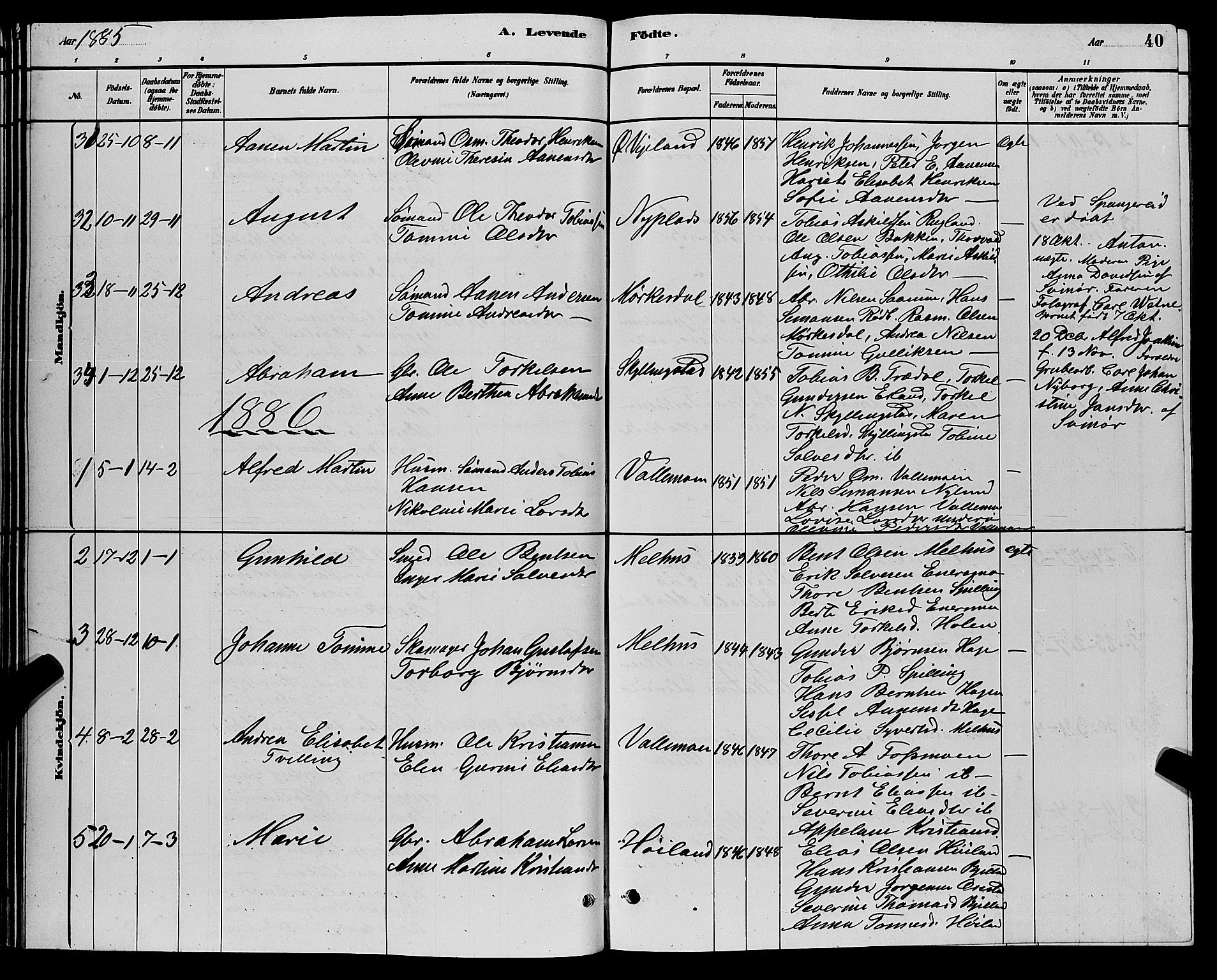 Sør-Audnedal sokneprestkontor, SAK/1111-0039/F/Fb/Fbb/L0005: Parish register (copy) no. B 5, 1880-1892, p. 40