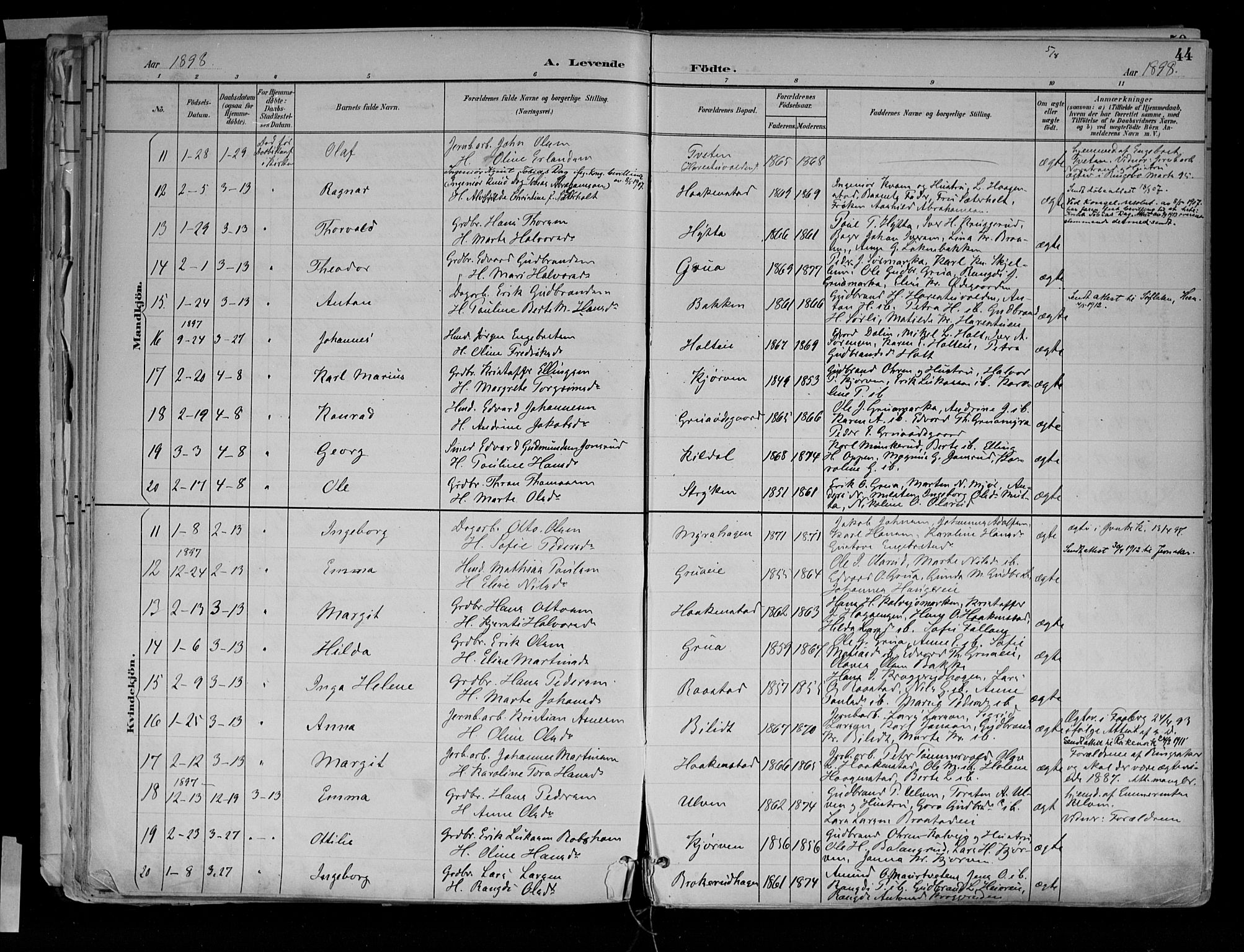 Jevnaker prestekontor, SAH/PREST-116/H/Ha/Haa/L0010: Parish register (official) no. 10, 1891-1906, p. 44