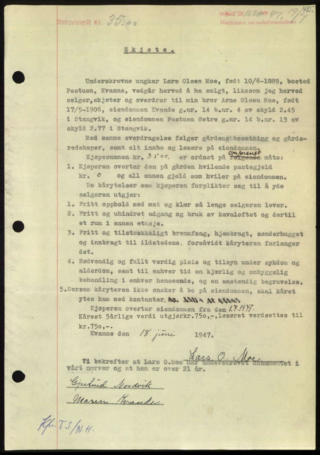 Nordmøre sorenskriveri, AV/SAT-A-4132/1/2/2Ca: Mortgage book no. A105, 1947-1947, Diary no: : 1636/1947