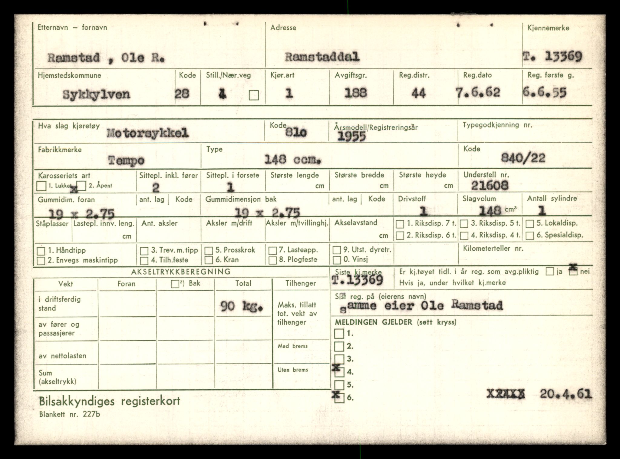 Møre og Romsdal vegkontor - Ålesund trafikkstasjon, AV/SAT-A-4099/F/Fe/L0039: Registreringskort for kjøretøy T 13361 - T 13530, 1927-1998, p. 143