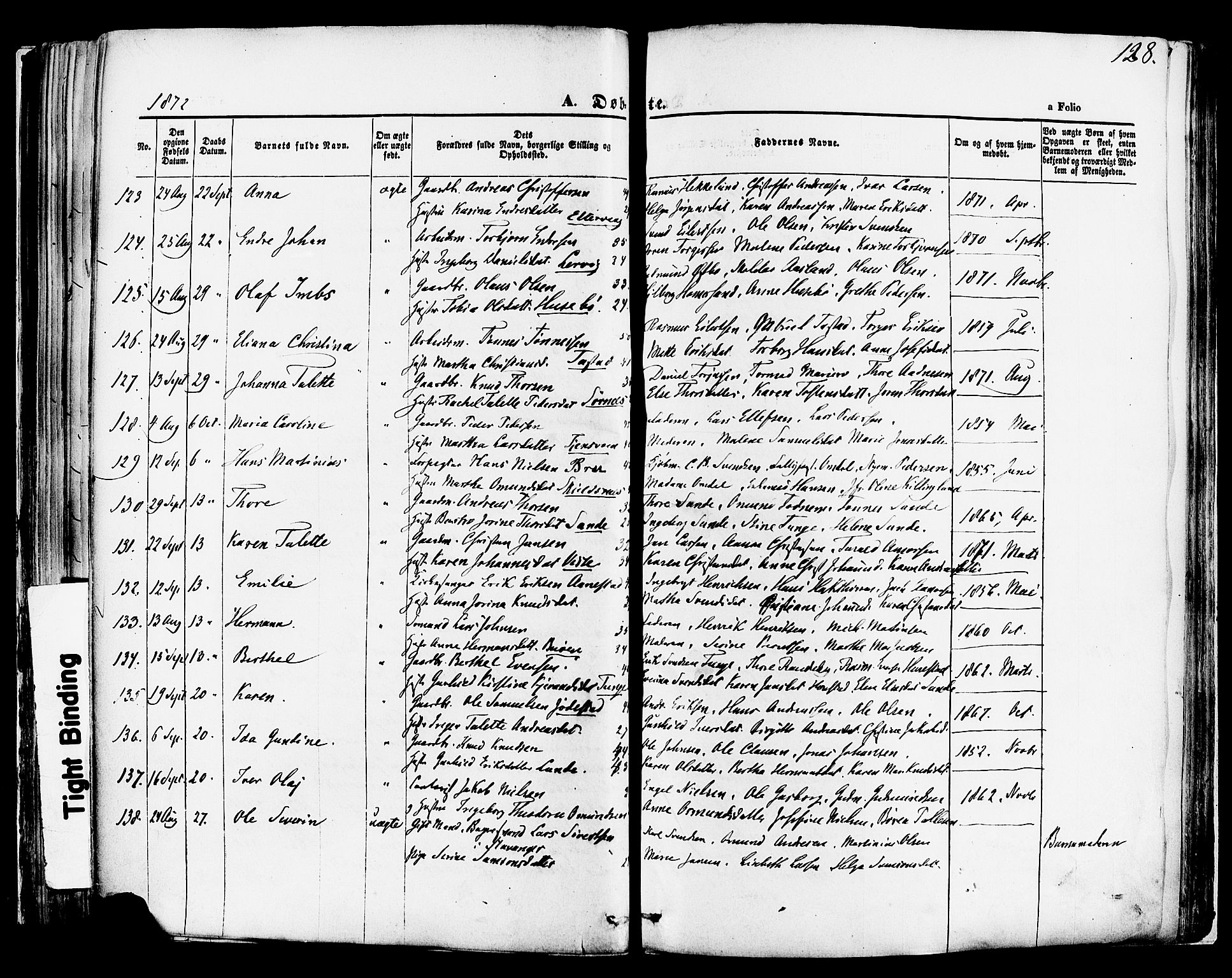 Hetland sokneprestkontor, AV/SAST-A-101826/30/30BA/L0003: Parish register (official) no. A 3, 1862-1876, p. 128