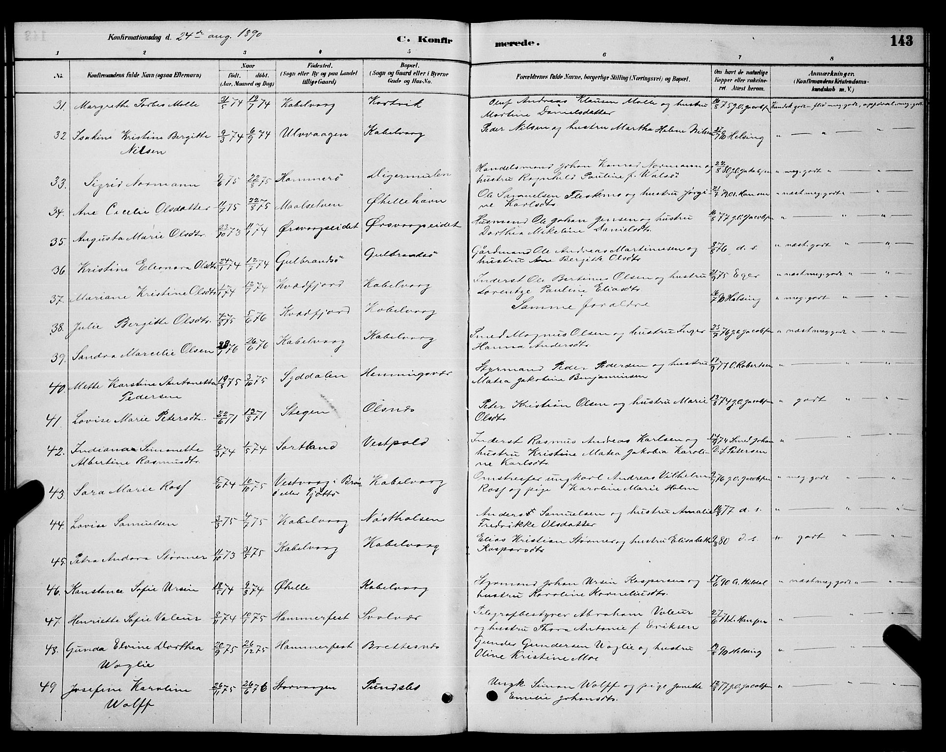 Ministerialprotokoller, klokkerbøker og fødselsregistre - Nordland, AV/SAT-A-1459/874/L1076: Parish register (copy) no. 874C05, 1884-1890, p. 143