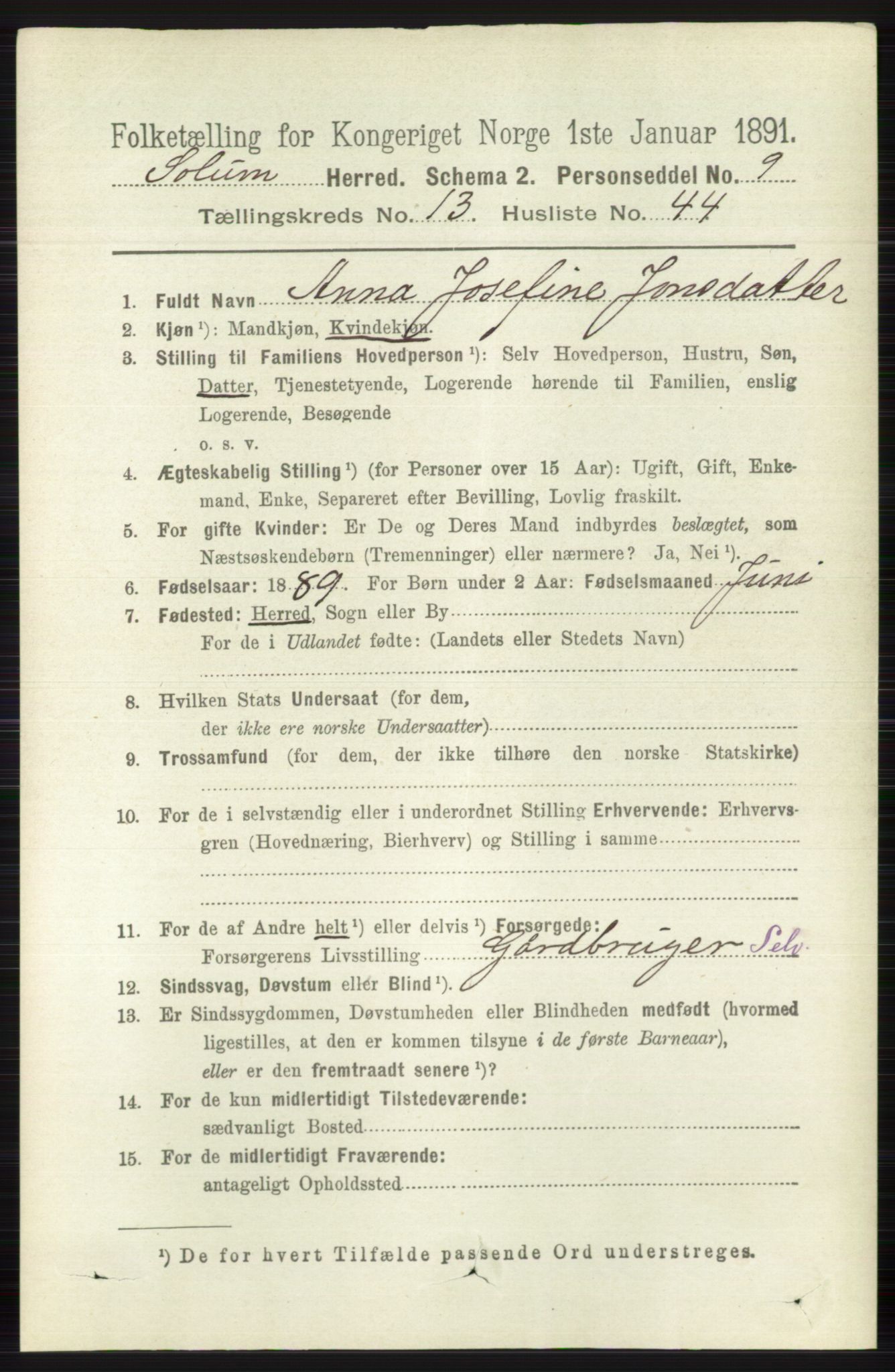 RA, 1891 census for 0818 Solum, 1891, p. 6283