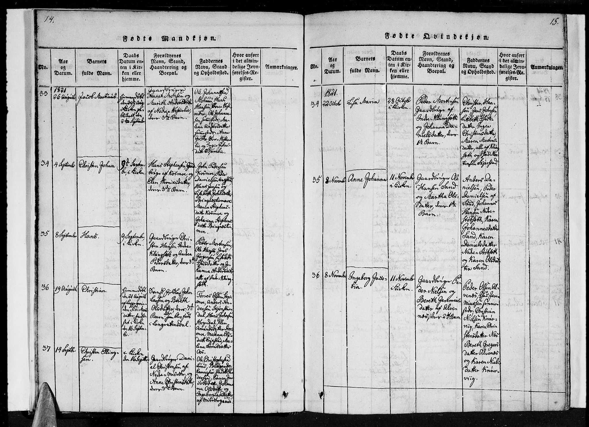 Ministerialprotokoller, klokkerbøker og fødselsregistre - Nordland, SAT/A-1459/852/L0736: Parish register (official) no. 852A06, 1820-1833, p. 14-15