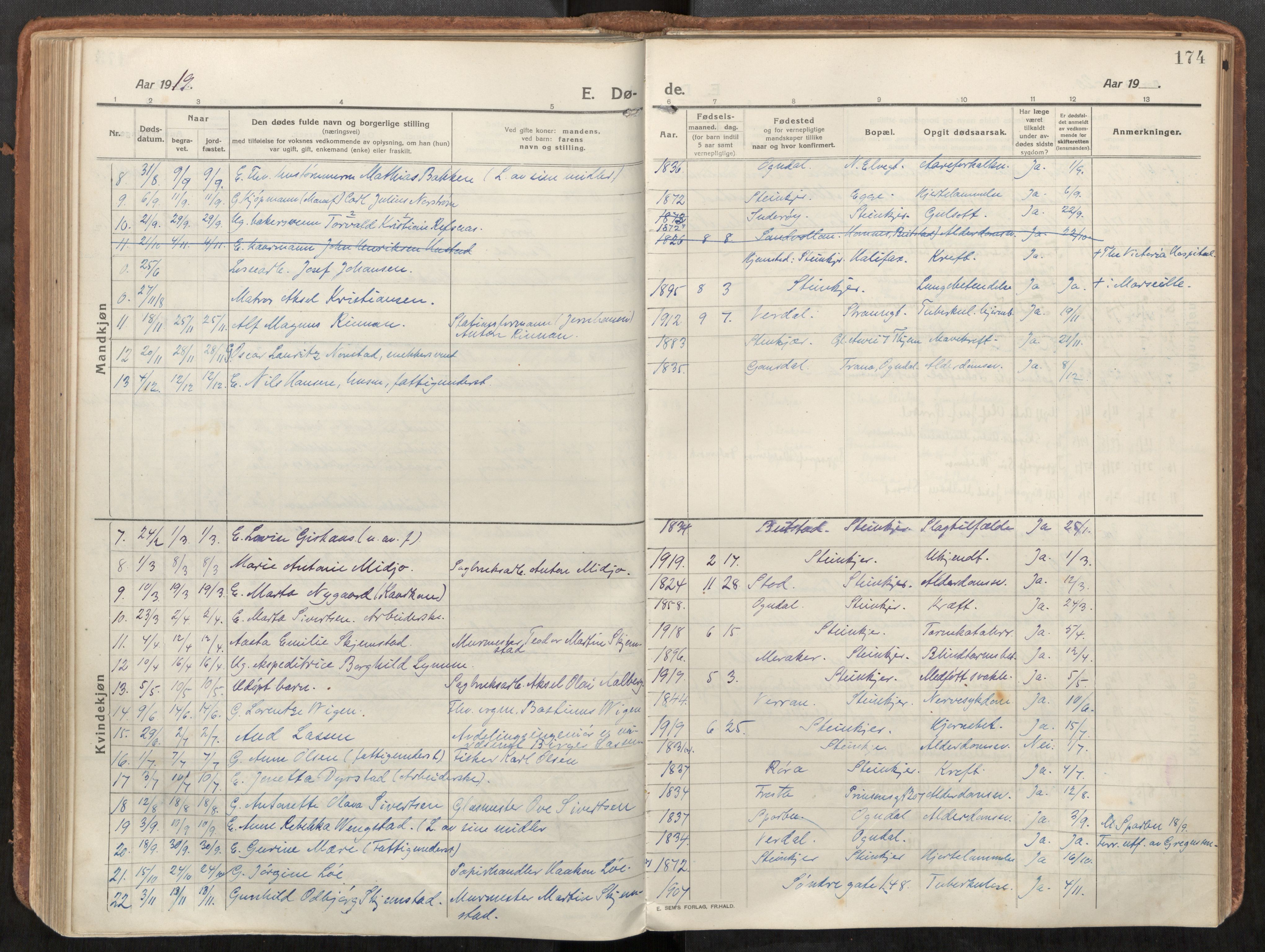 Steinkjer sokneprestkontor, AV/SAT-A-1541/01/H/Ha/Haa/L0003: Parish register (official) no. 3, 1913-1922, p. 174