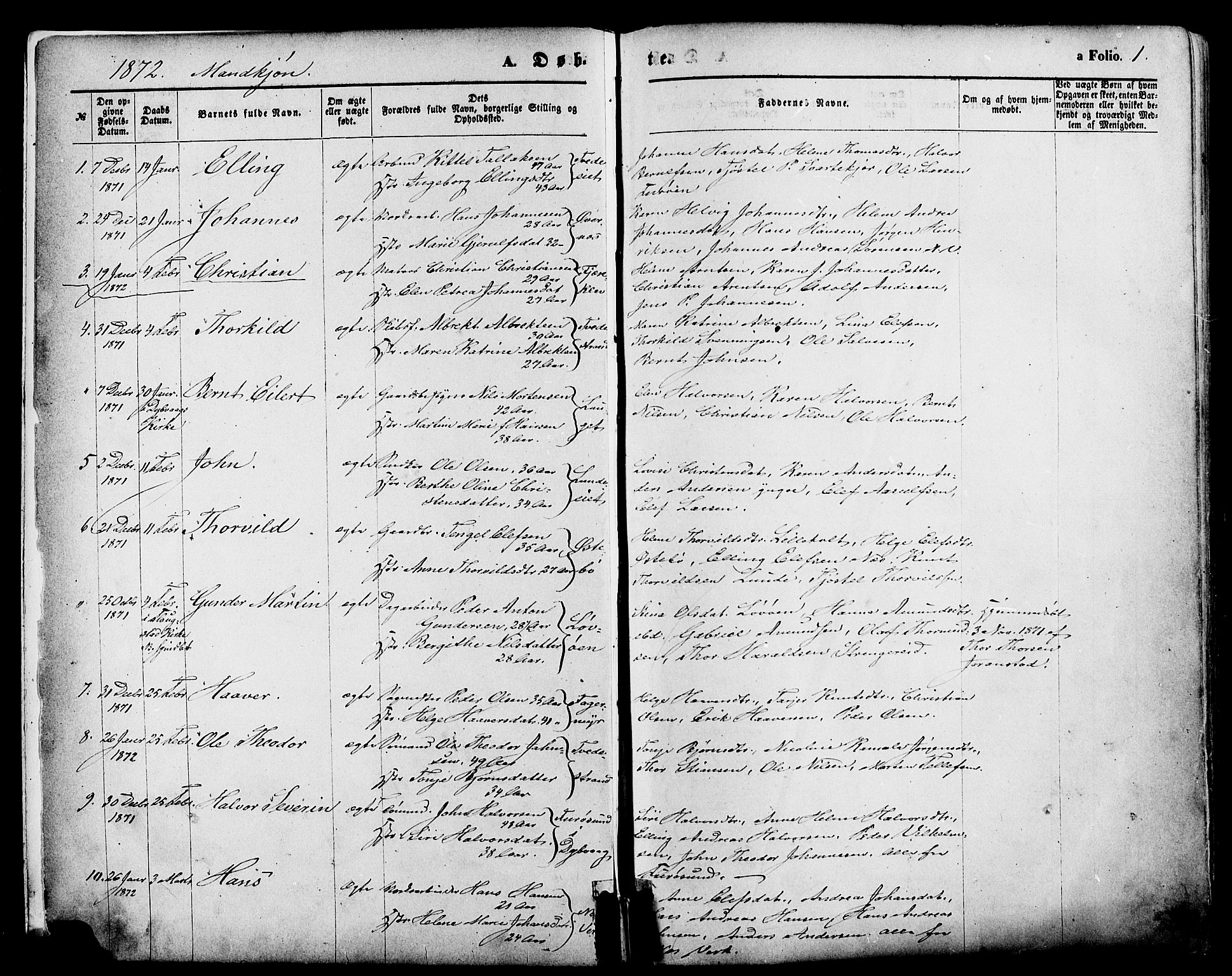 Holt sokneprestkontor, AV/SAK-1111-0021/F/Fa/L0010: Parish register (official) no. A 10, 1872-1885, p. 1